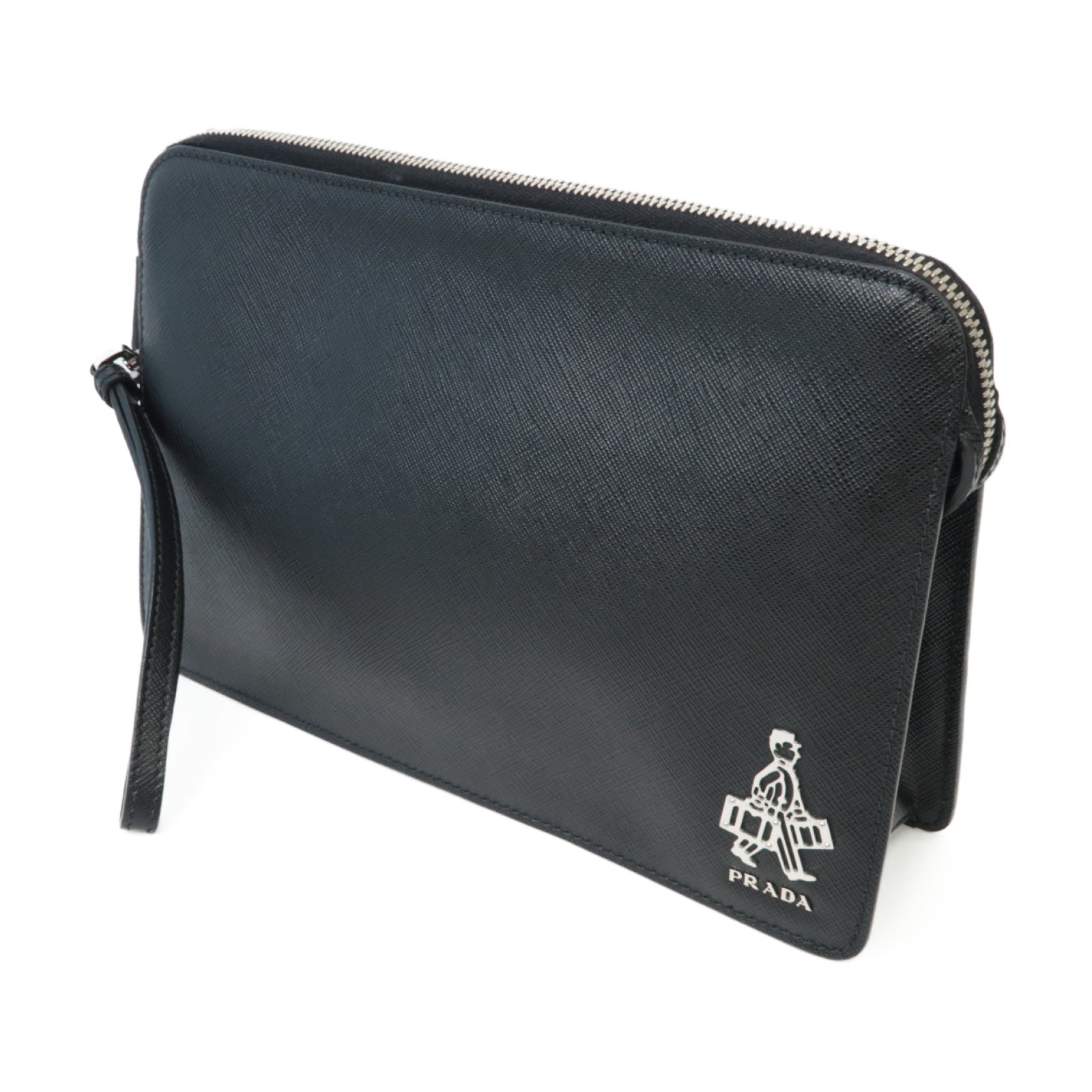 PRADA 牛皮皮革Zipped Clutch銀扣手拿包黑色