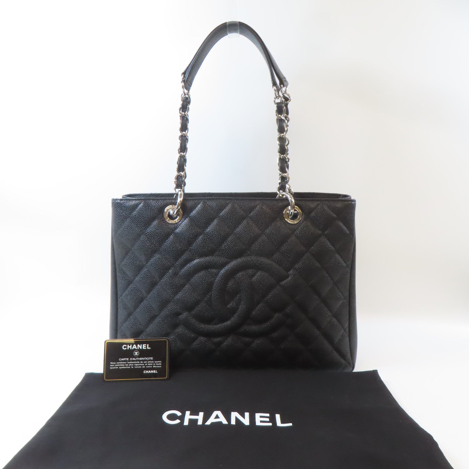 CHANEL 菱格Caviar皮革Grand Shopping Tote Bag銀扣鏈帶肩背袋黑色