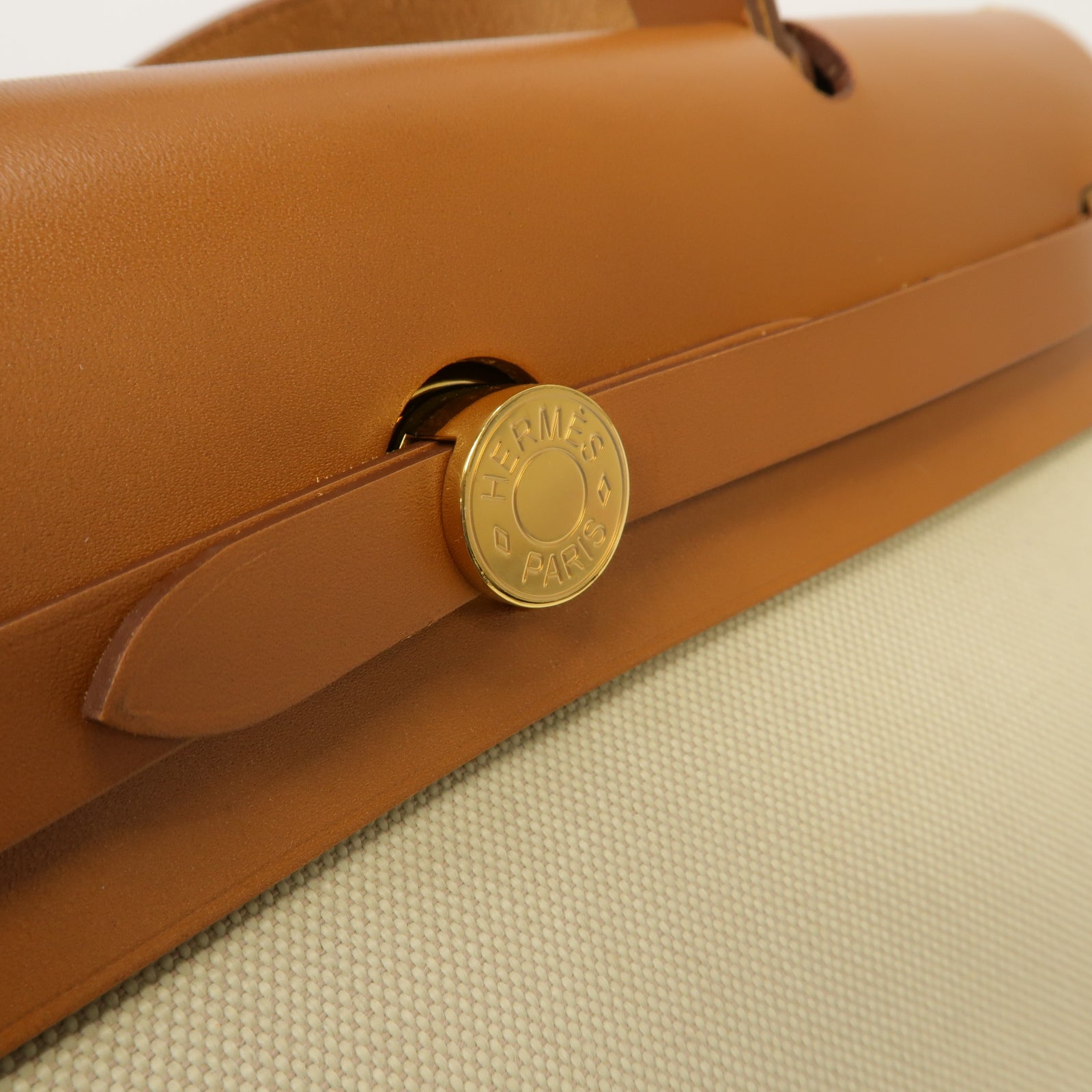 HERMES 帆布Herbag PM 2 Way Shoulder Bag 金扣手挽肩背兩用袋Beton/馬鞍皮駝色