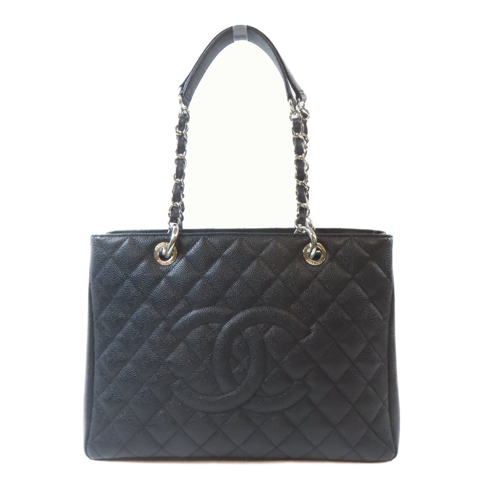 CHANEL 菱格Caviar皮革Grand Shopping Tote Bag銀扣鏈帶肩背袋黑色