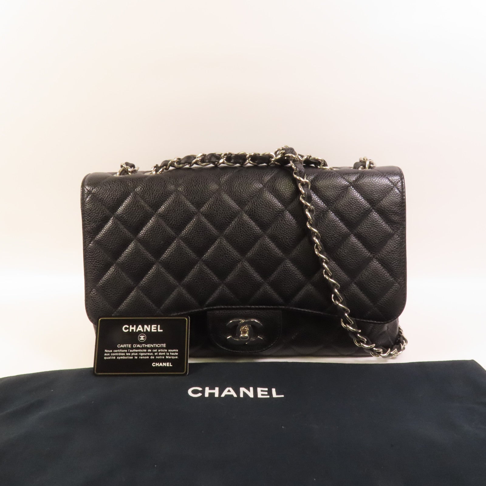 CHANEL 牛皮皮革Large Classic銀扣肩背袋