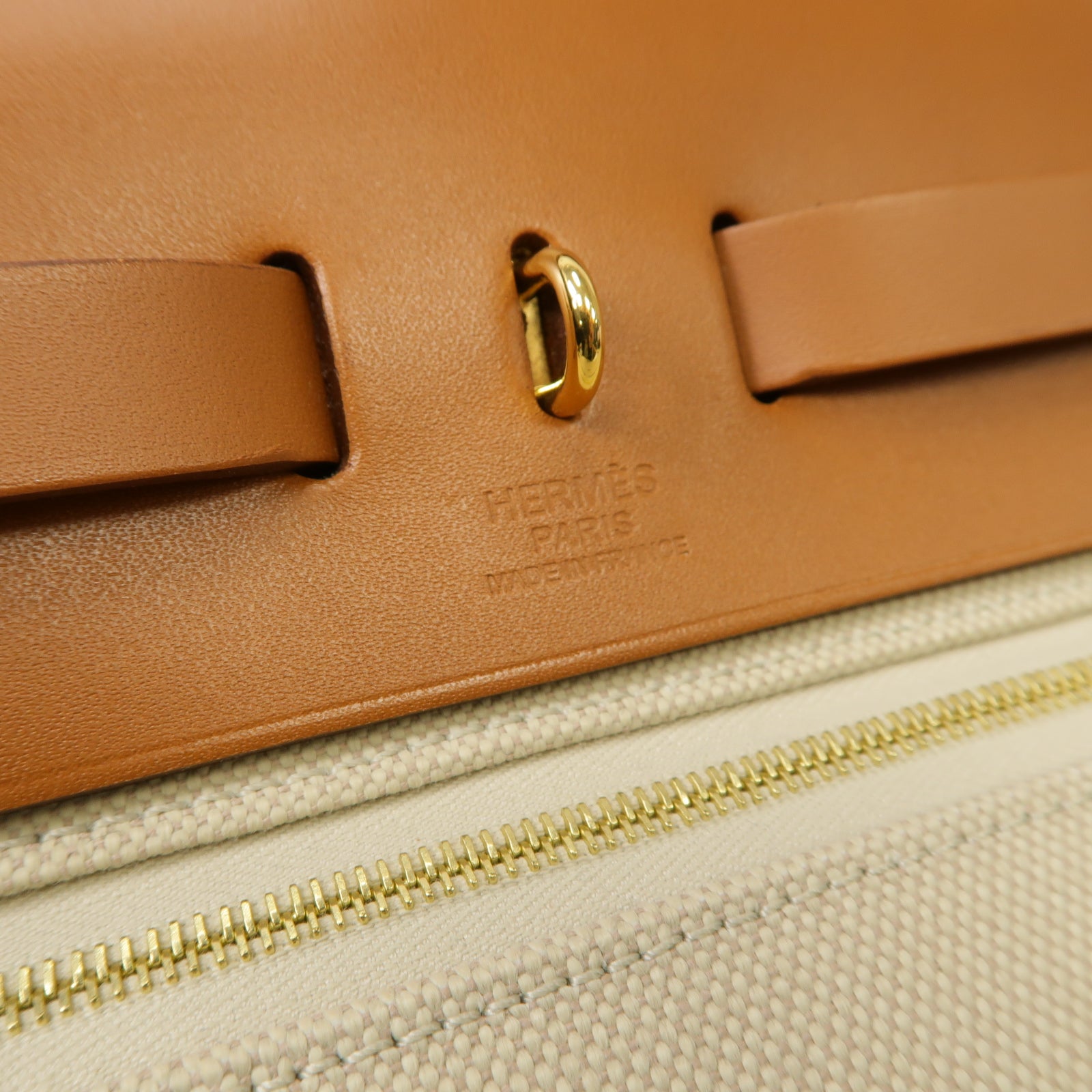 HERMES 帆布Herbag PM 2 Way Shoulder Bag 金扣手挽肩背兩用袋Beton/馬鞍皮駝色