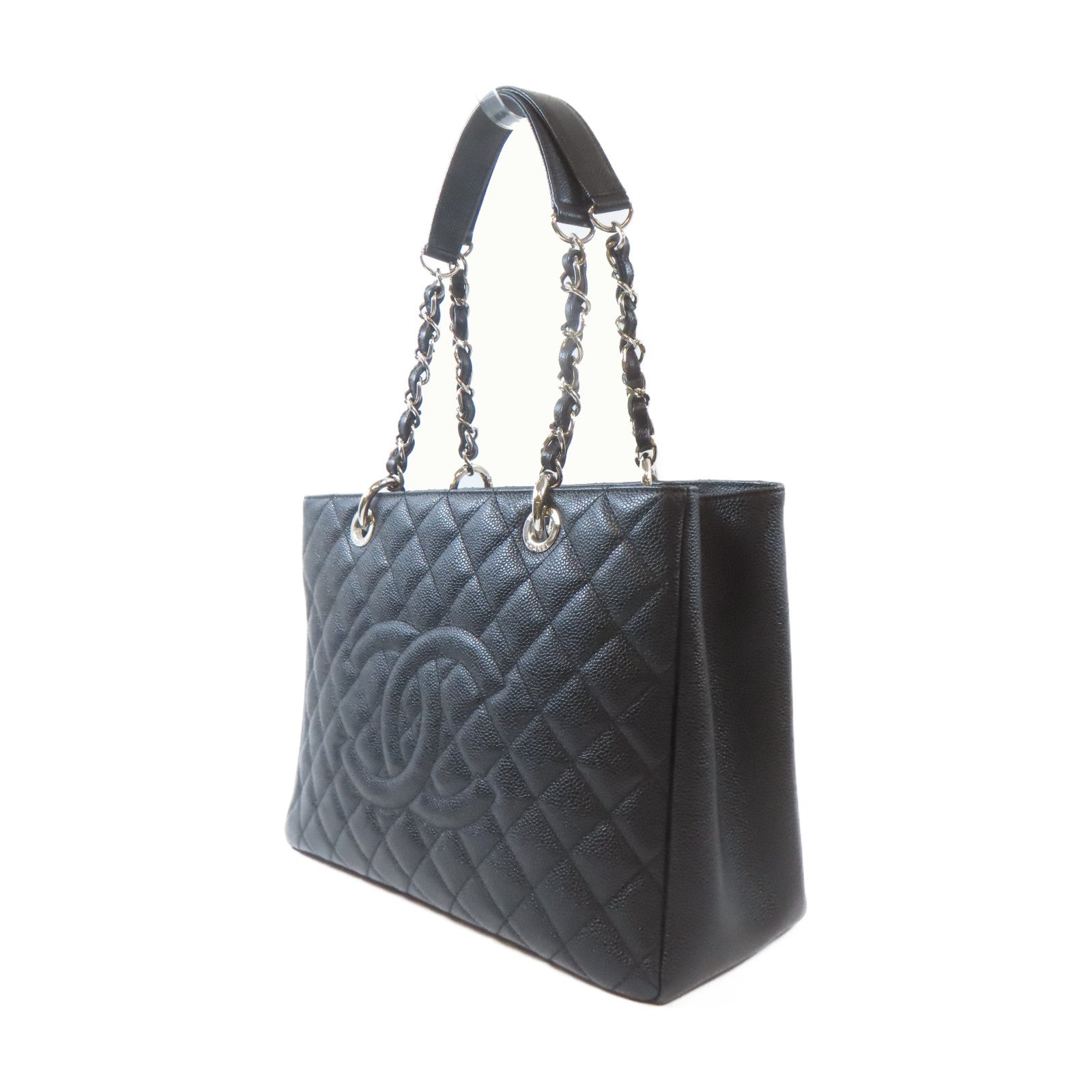 CHANEL 菱格Caviar皮革Grand Shopping Tote Bag銀扣鏈帶肩背袋黑色