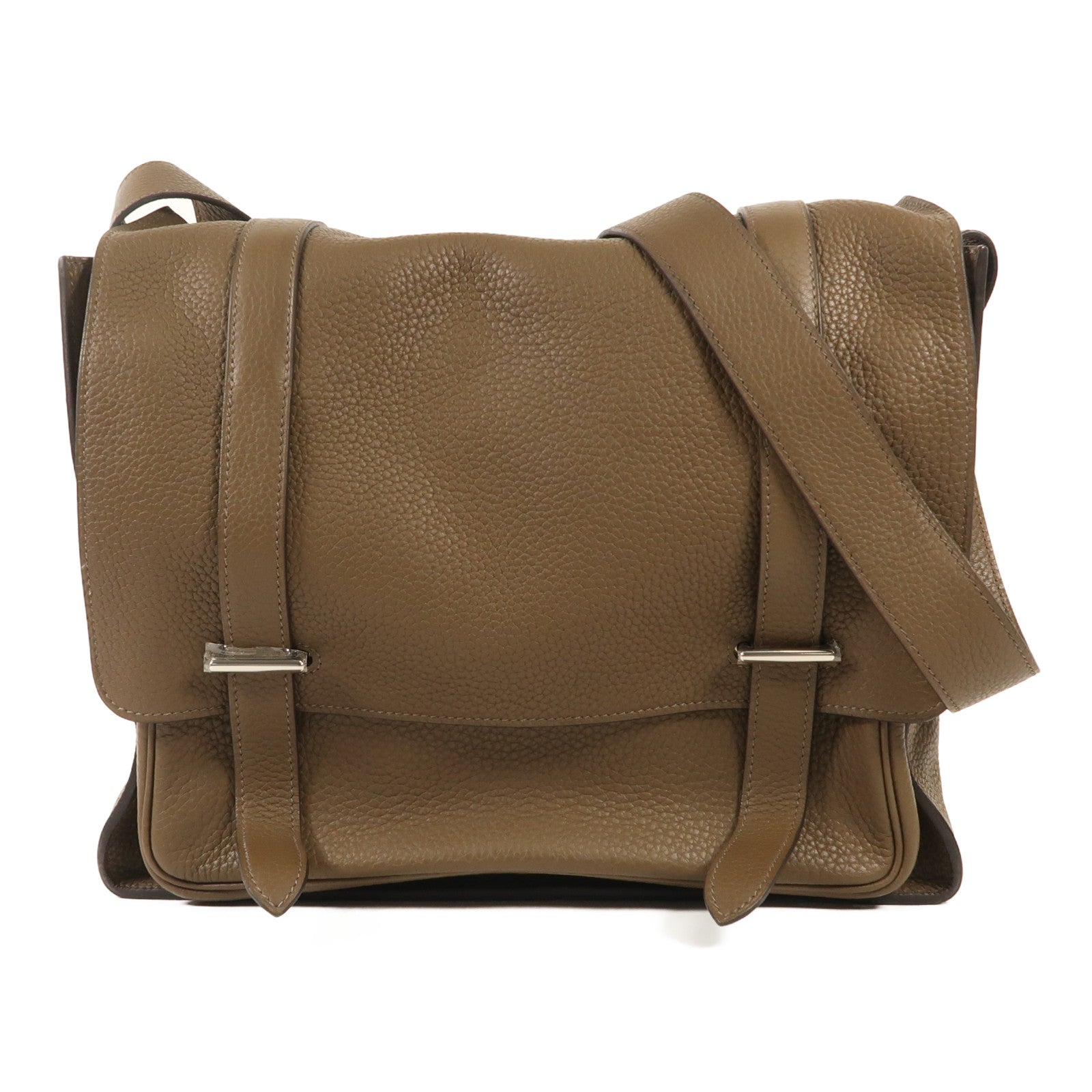 HERMES 【激減優惠】Clemence皮革Steve 35銀扣肩背袋Taupe