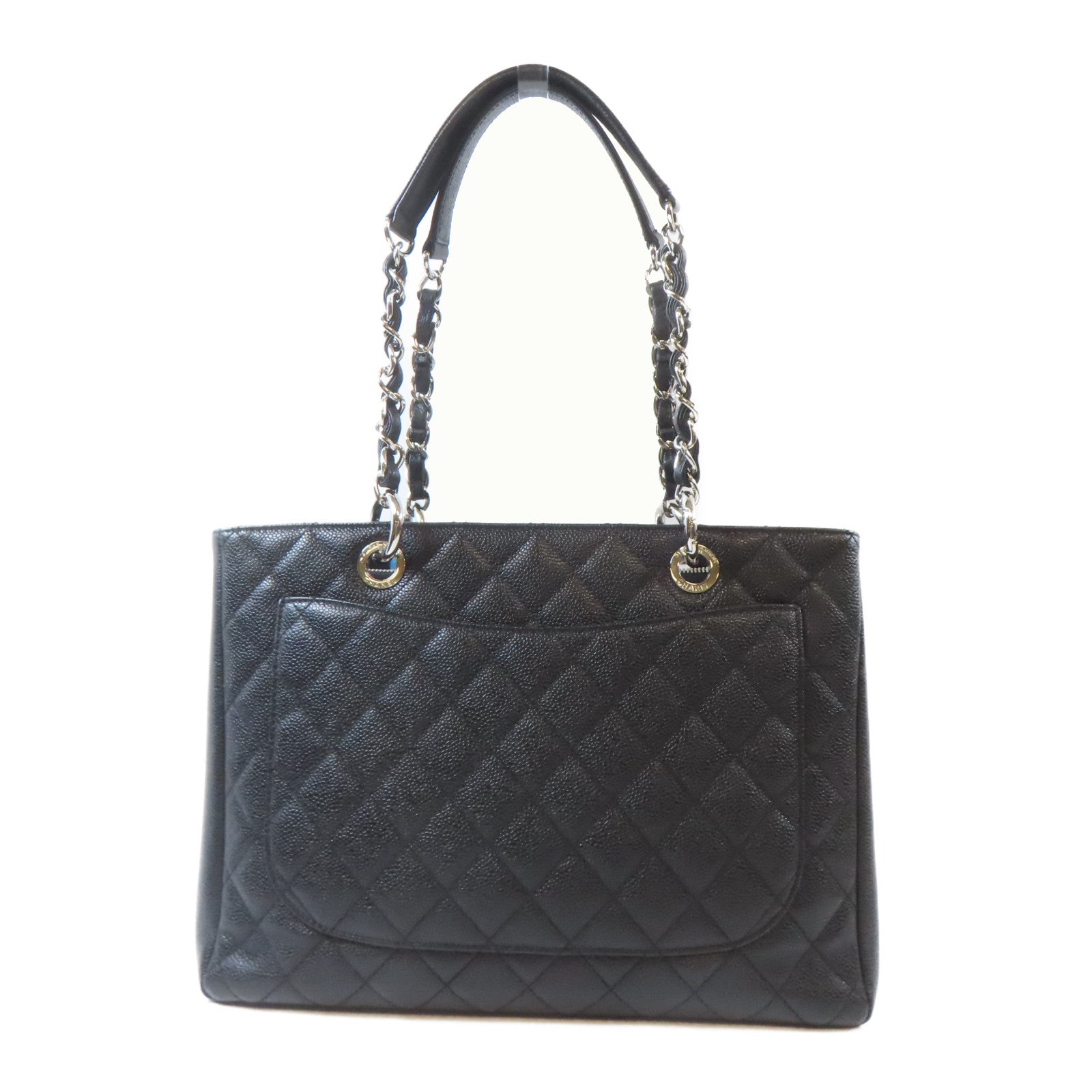 CHANEL 菱格Caviar皮革Grand Shopping Tote Bag銀扣鏈帶肩背袋黑色