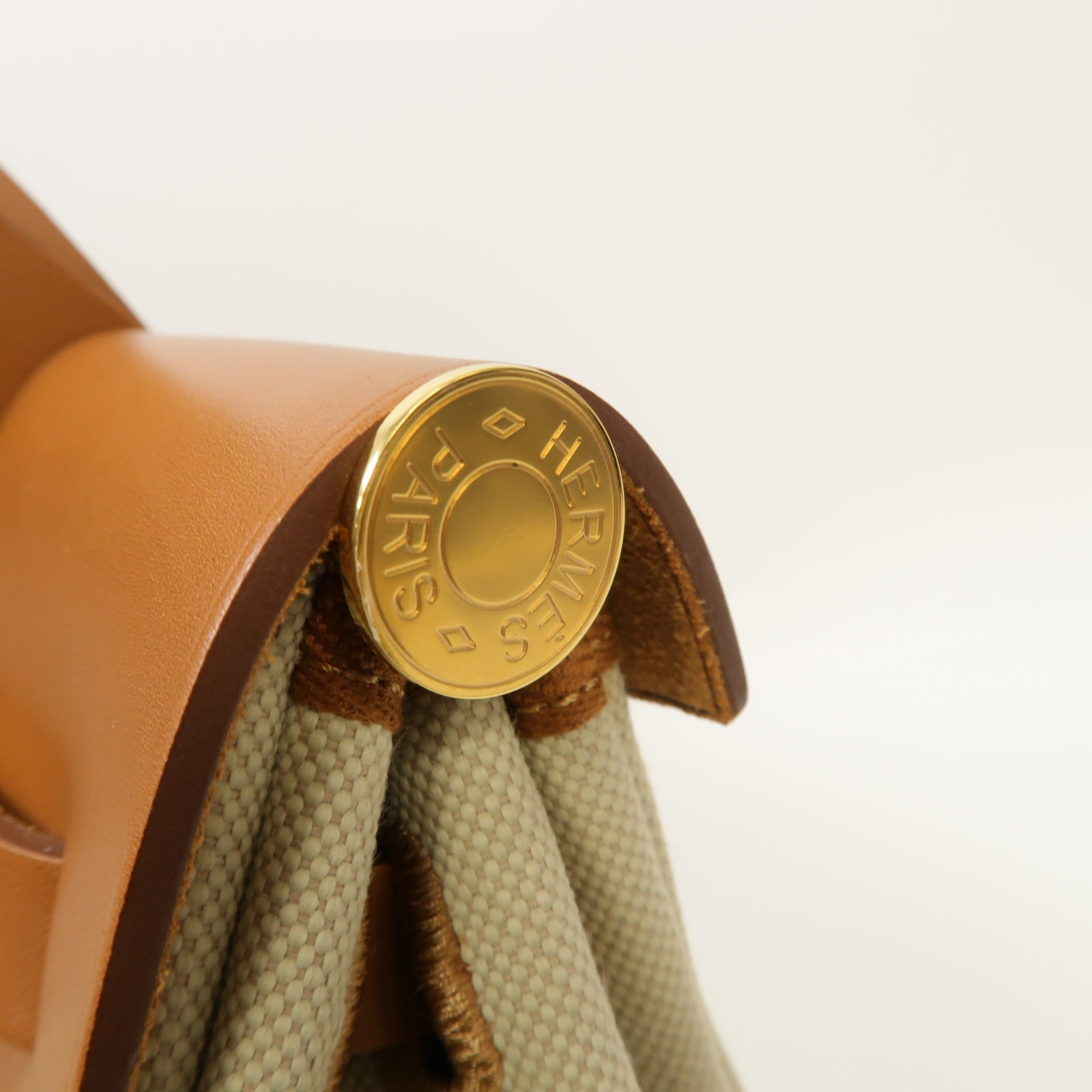 HERMES 帆布Herbag PM 2 Way Shoulder Bag 金扣手挽肩背兩用袋Beton/馬鞍皮駝色