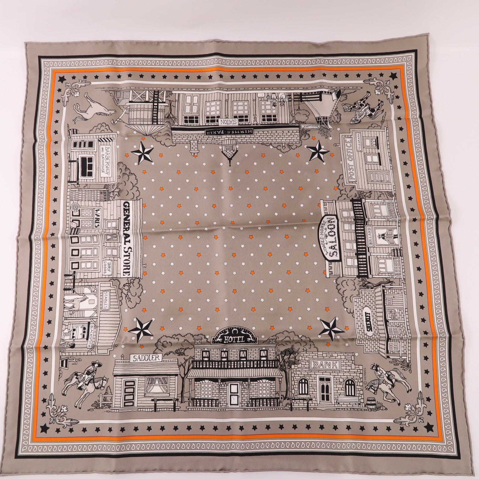HERMES Scarf 55x55 Silk Gray White Black Orange