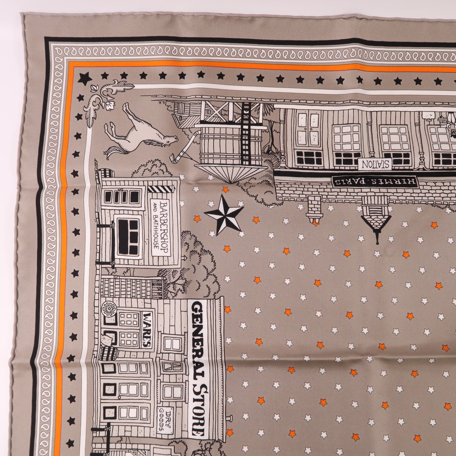 HERMES Scarf 55x55 Silk Gray White Black Orange