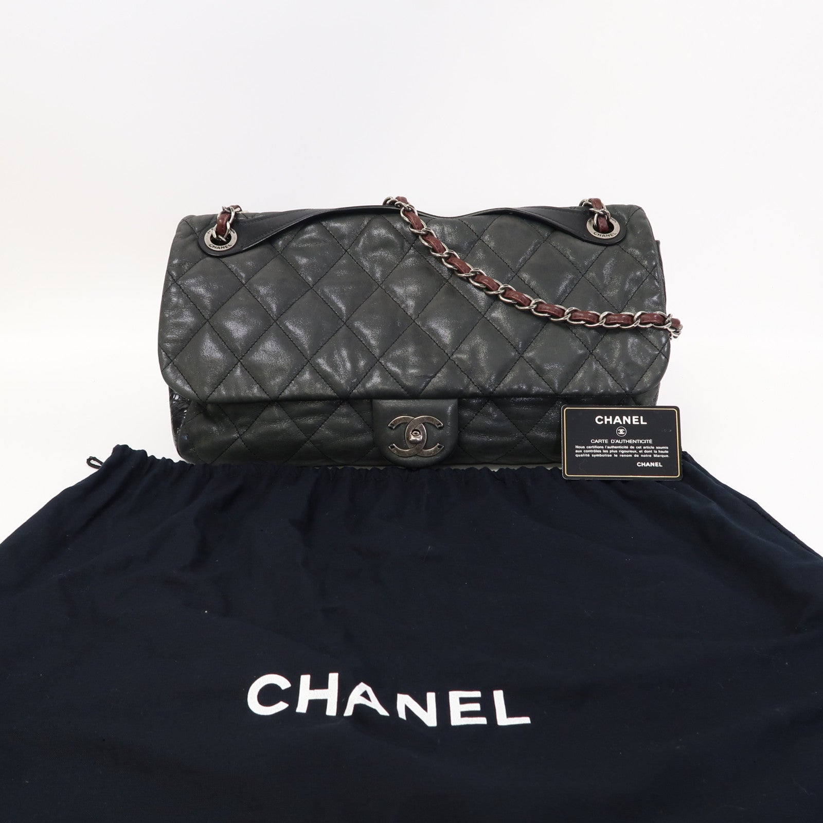CHANEL 菱格牛皮皮革2 Way Shoulder Bag銀扣手挽肩背兩用袋黑色/灰色