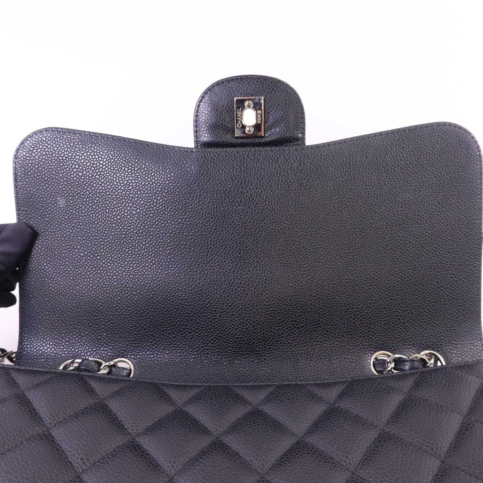 CHANEL 牛皮皮革Large Classic銀扣鏈帶肩背袋