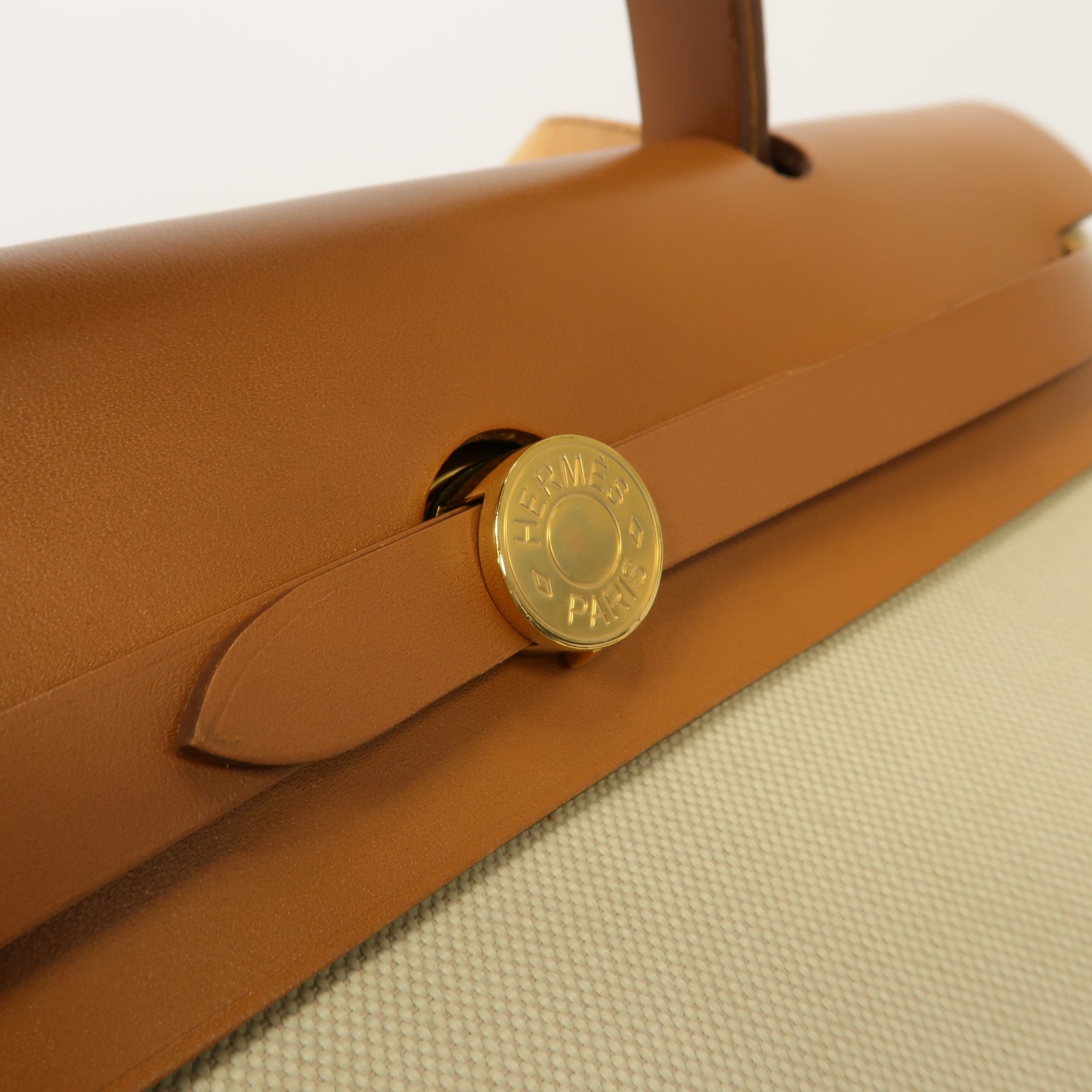 HERMES 帆布Herbag PM 2 Way Shoulder Bag 金扣手挽肩背兩用袋Beton/馬鞍皮駝色