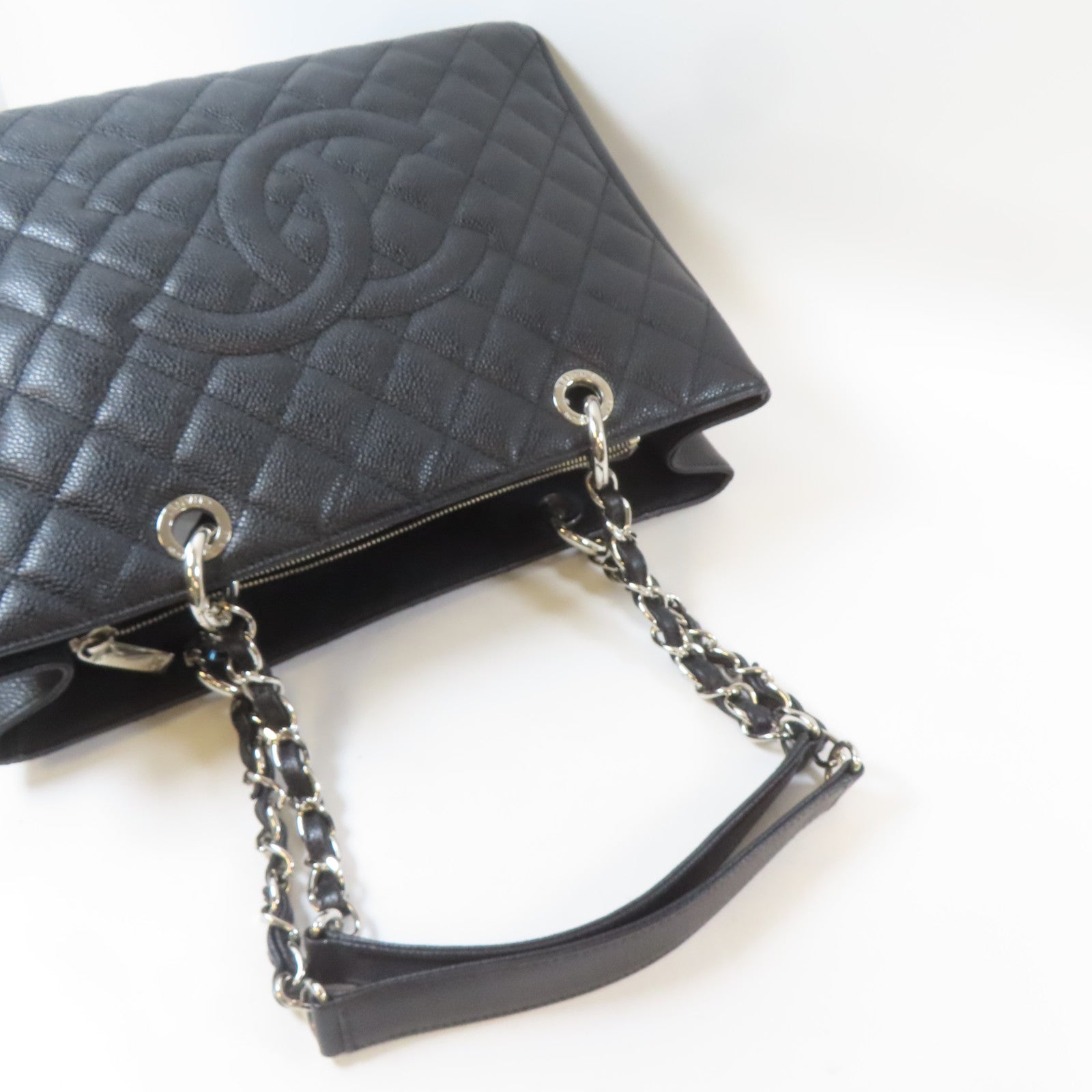 CHANEL 菱格Caviar皮革Grand Shopping Tote Bag銀扣鏈帶肩背袋黑色