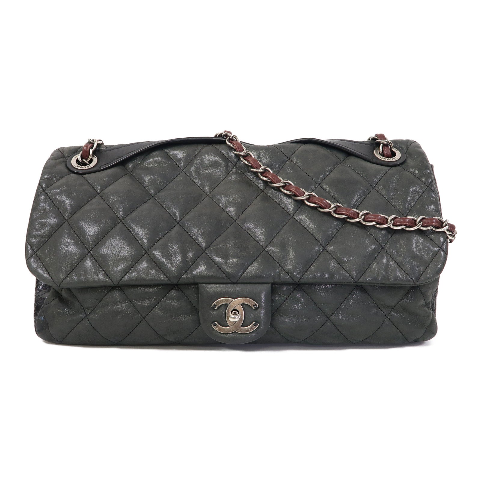 CHANEL 菱格牛皮皮革2 Way Shoulder Bag銀扣手挽肩背兩用袋黑色/灰色