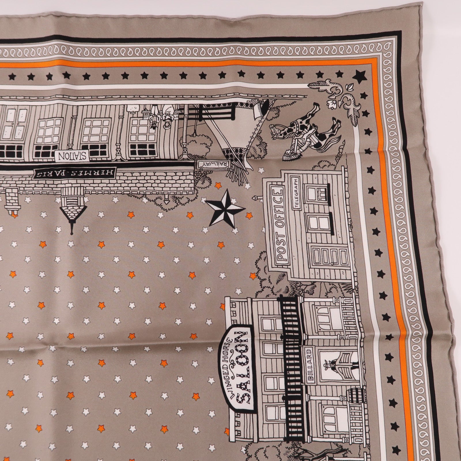 HERMES Scarf 55x55 Silk Gray White Black Orange