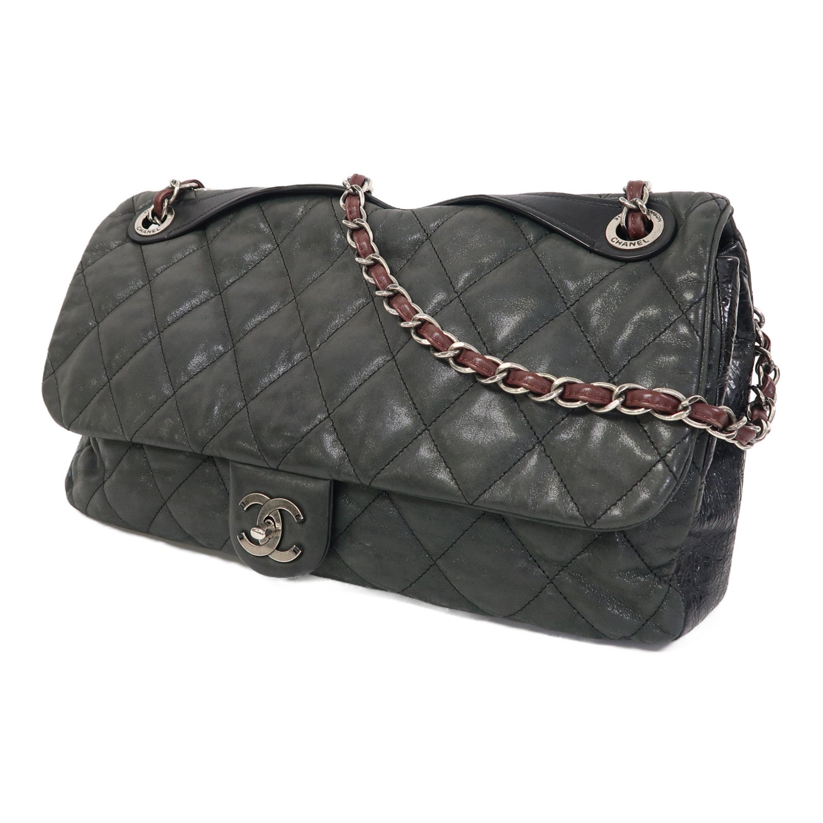 CHANEL 菱格牛皮皮革2 Way Shoulder Bag銀扣手挽肩背兩用袋黑色/灰色