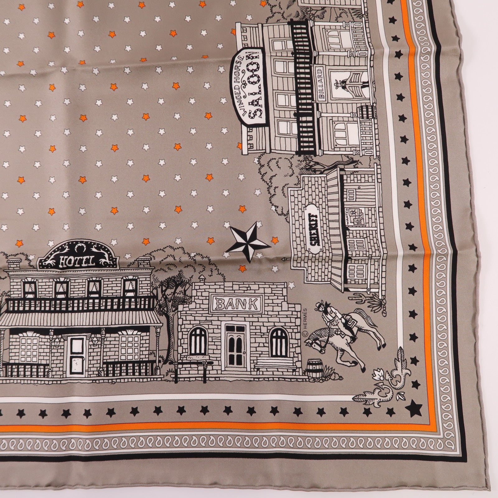 HERMES Scarf 55x55 Silk Gray White Black Orange