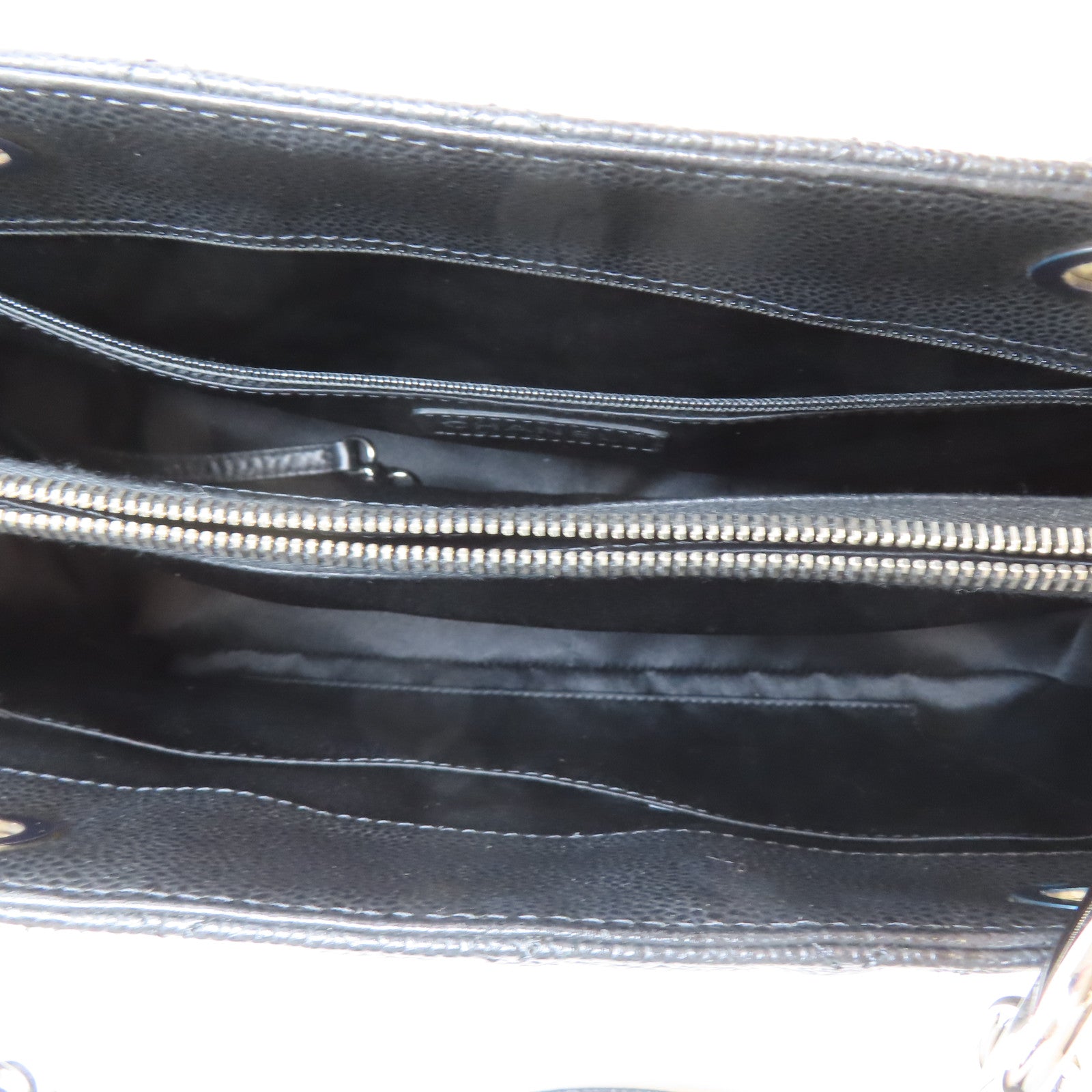 CHANEL 菱格Caviar皮革Grand Shopping Tote Bag銀扣鏈帶肩背袋黑色