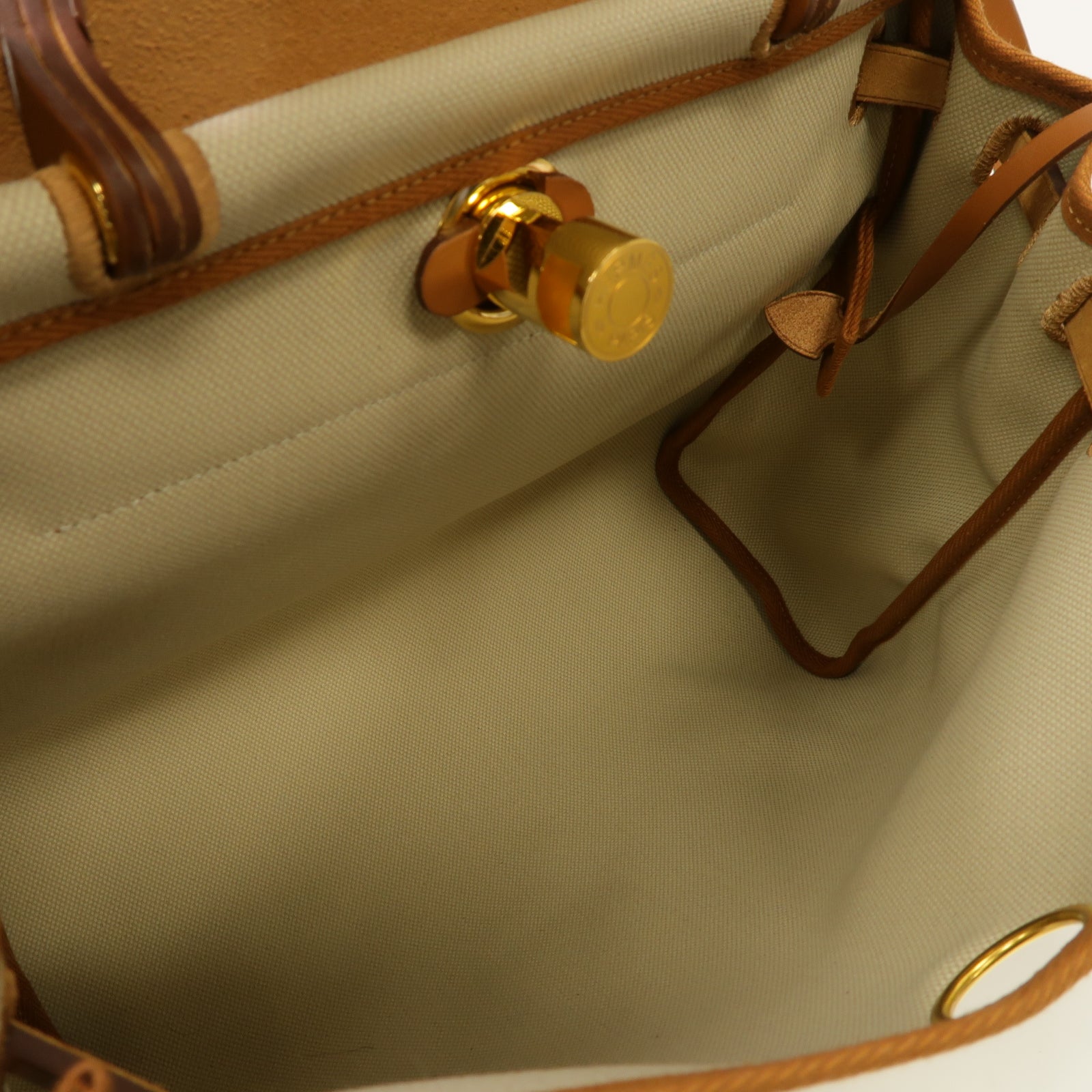 HERMES 帆布Herbag PM 2 Way Shoulder Bag 金扣手挽肩背兩用袋Beton/馬鞍皮駝色