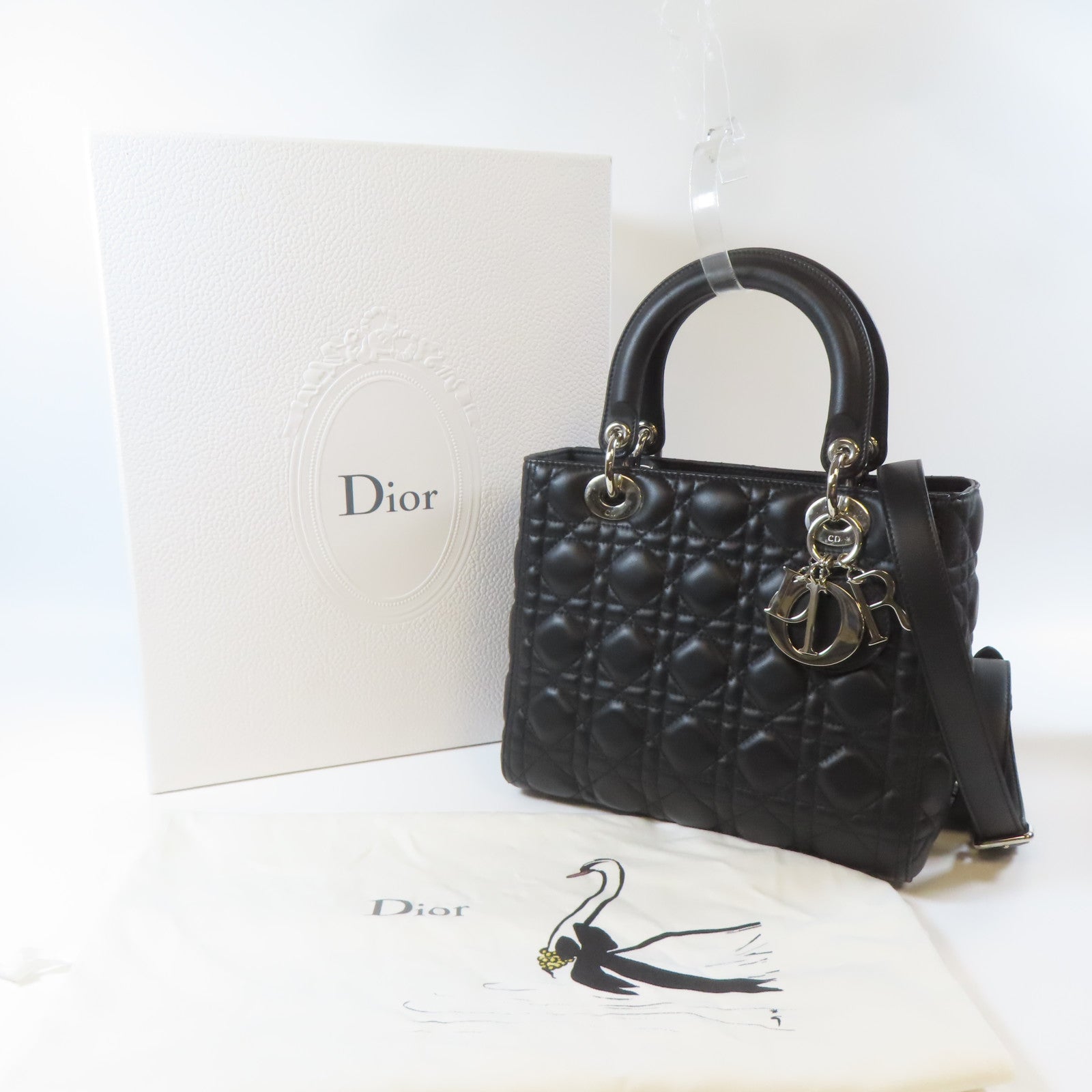 Dior 牛皮皮革Lady Dior Medium 2 Way Bag銀扣手挽肩背兩用袋黑色