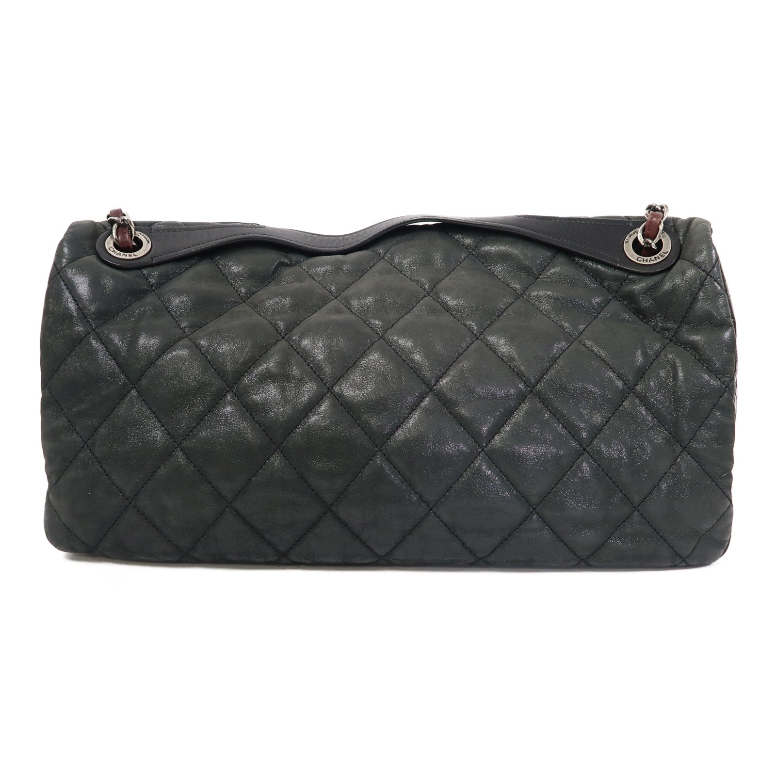 CHANEL 菱格牛皮皮革2 Way Shoulder Bag銀扣手挽肩背兩用袋黑色/灰色
