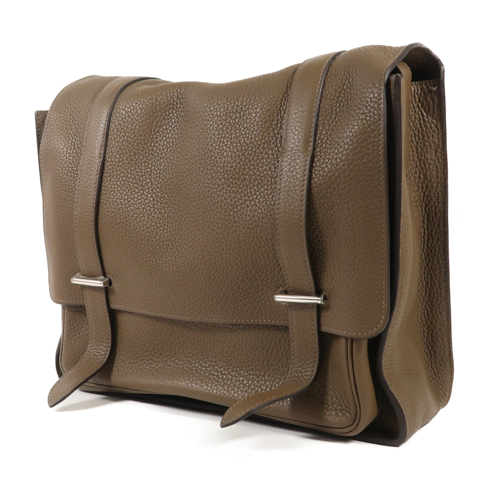 HERMES 【激減優惠】Clemence皮革Steve 35銀扣肩背袋Taupe