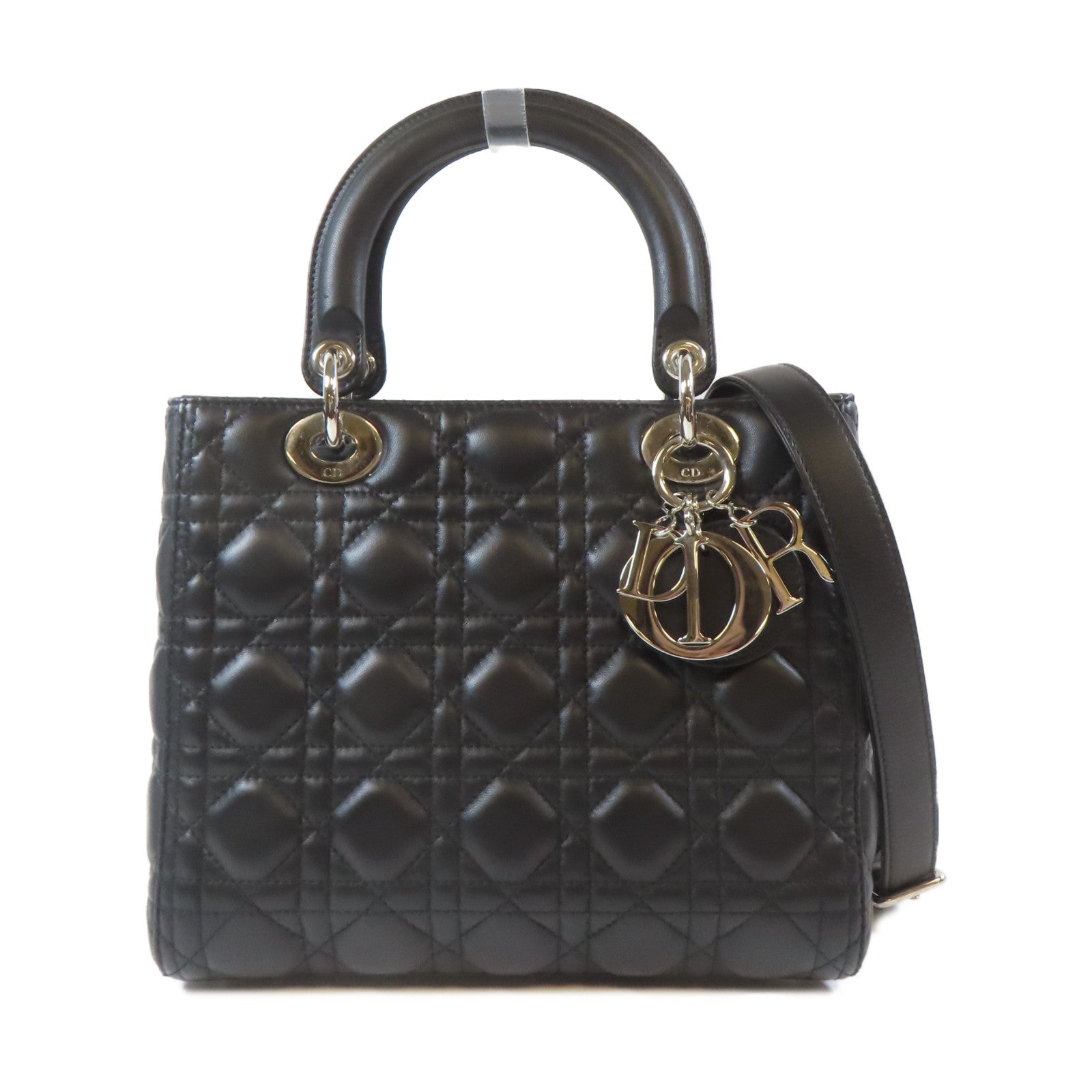 Dior 牛皮皮革Lady Dior Medium 2 Way Bag銀扣手挽肩背兩用袋黑色