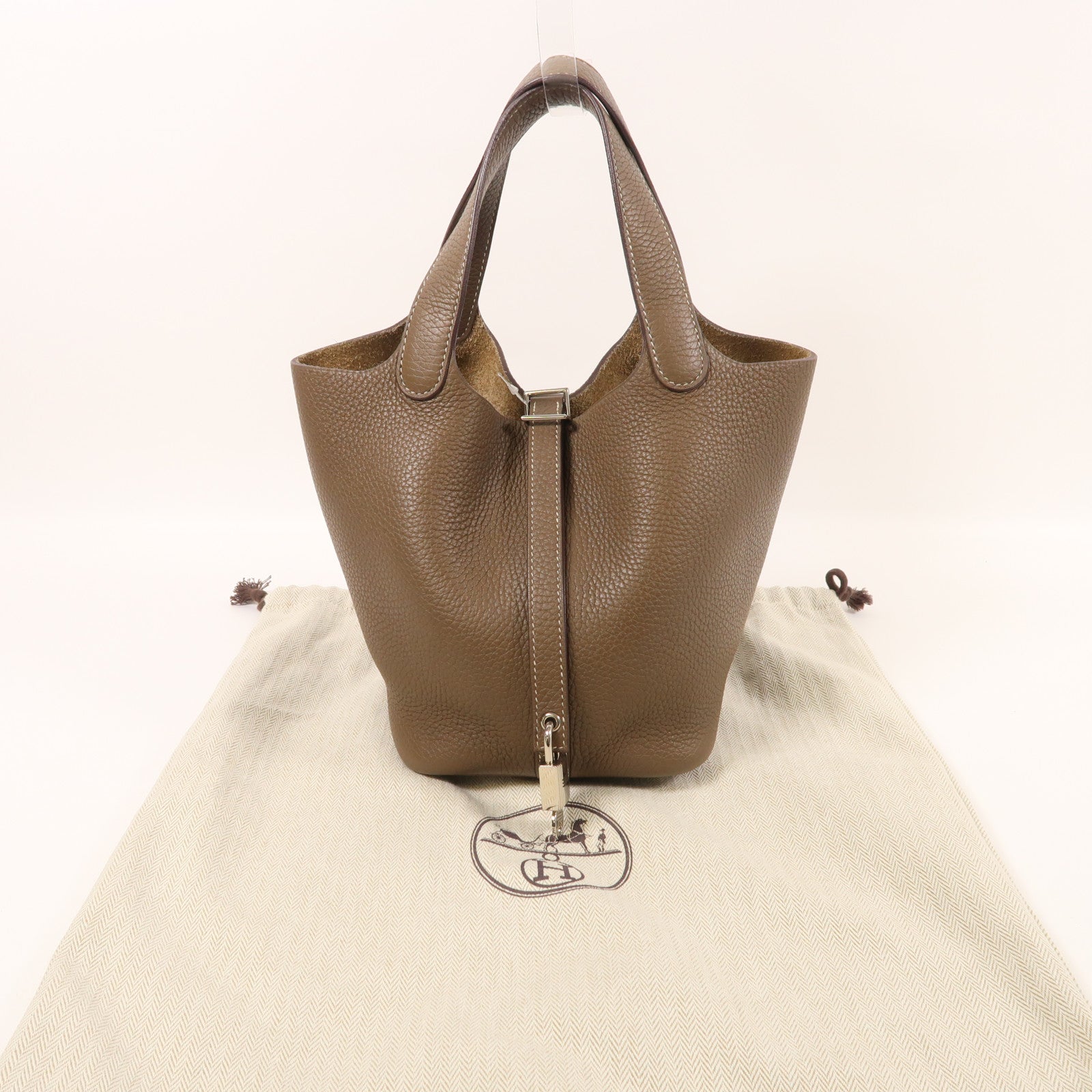 HERMES Picotin PM Tote Bag Taurillon Clemence Leather Etoupe
