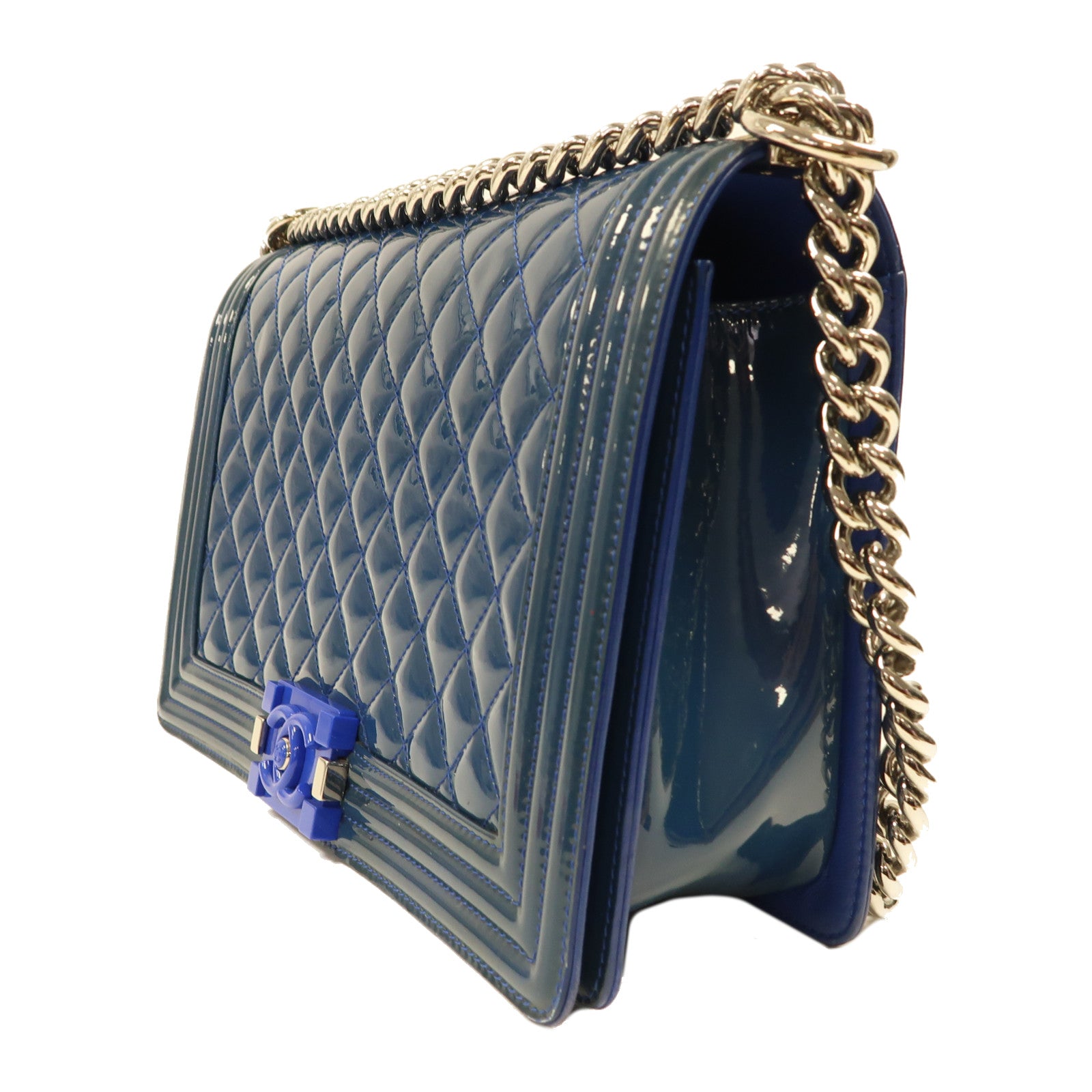 CHANEL CC SHW Boy 28 Chain Shoulder Bag Patent Leather Blue