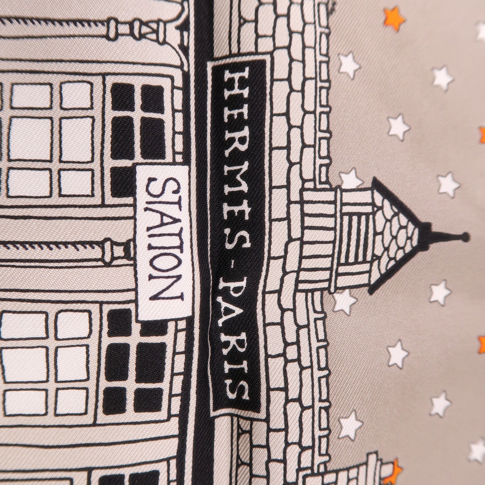 HERMES Scarf 55x55 Silk Gray White Black Orange