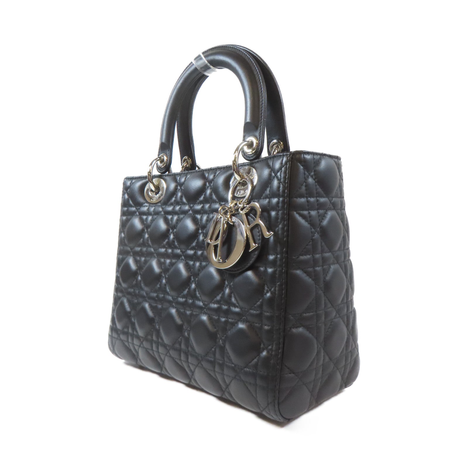 Dior 牛皮皮革Lady Dior Medium 2 Way Bag銀扣手挽肩背兩用袋黑色