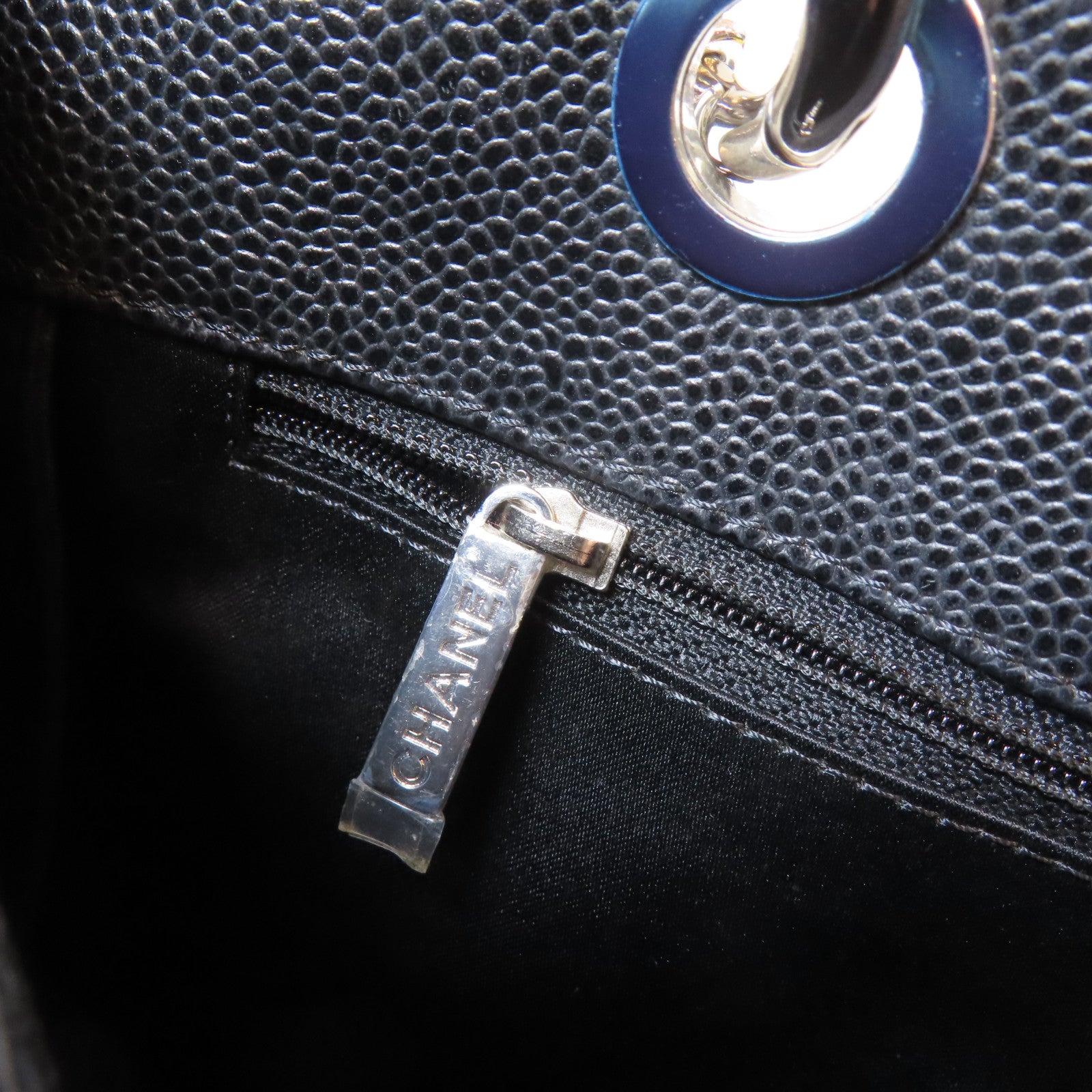 CHANEL 菱格Caviar皮革Grand Shopping Tote Bag銀扣鏈帶肩背袋黑色