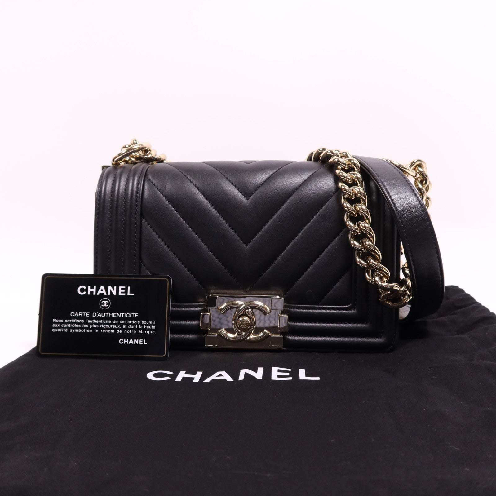 CHANEL 牛皮皮革Boy 20金扣鏈帶肩背袋