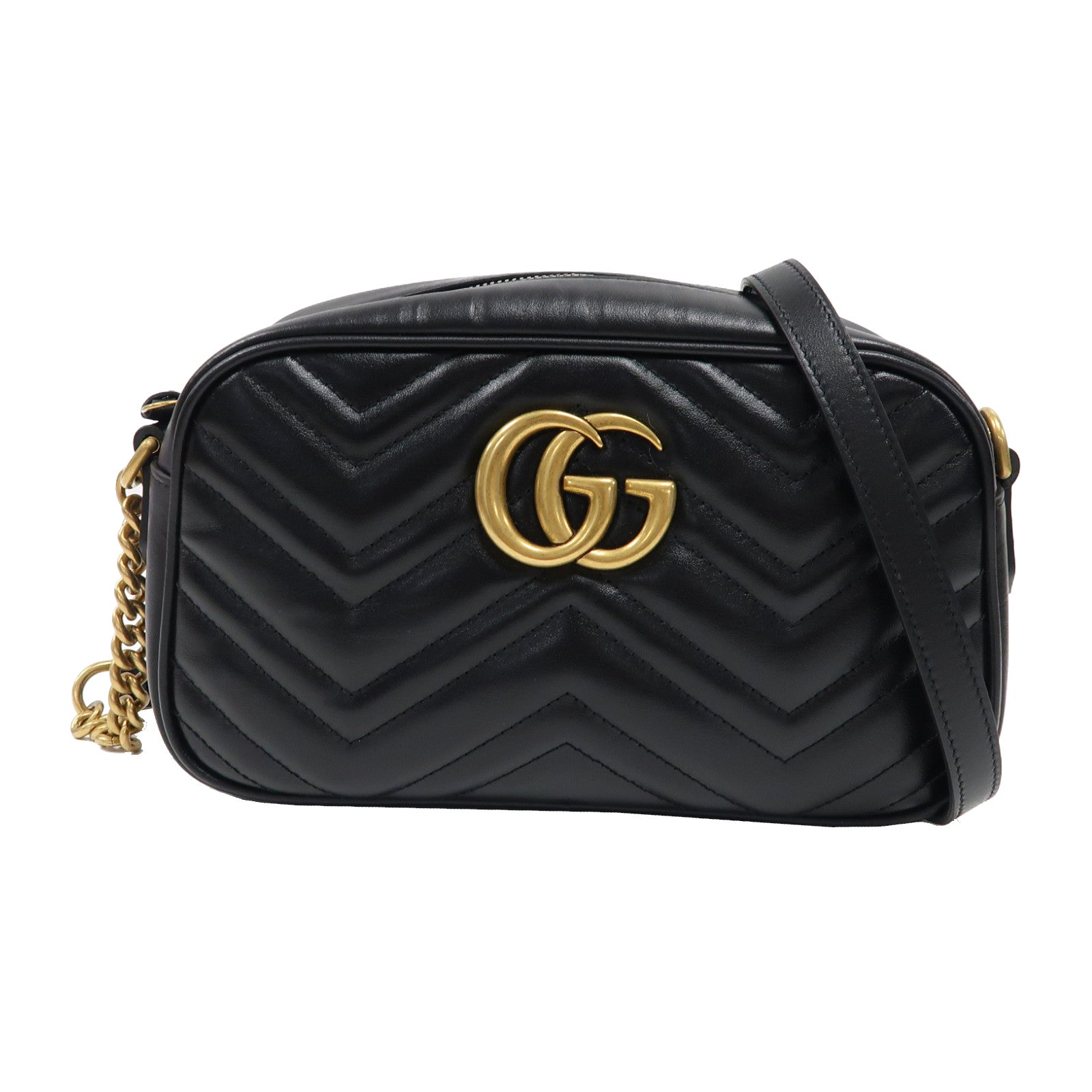 GUCCI 牛皮皮革GG Marmont金扣鏈帶肩背袋黑色