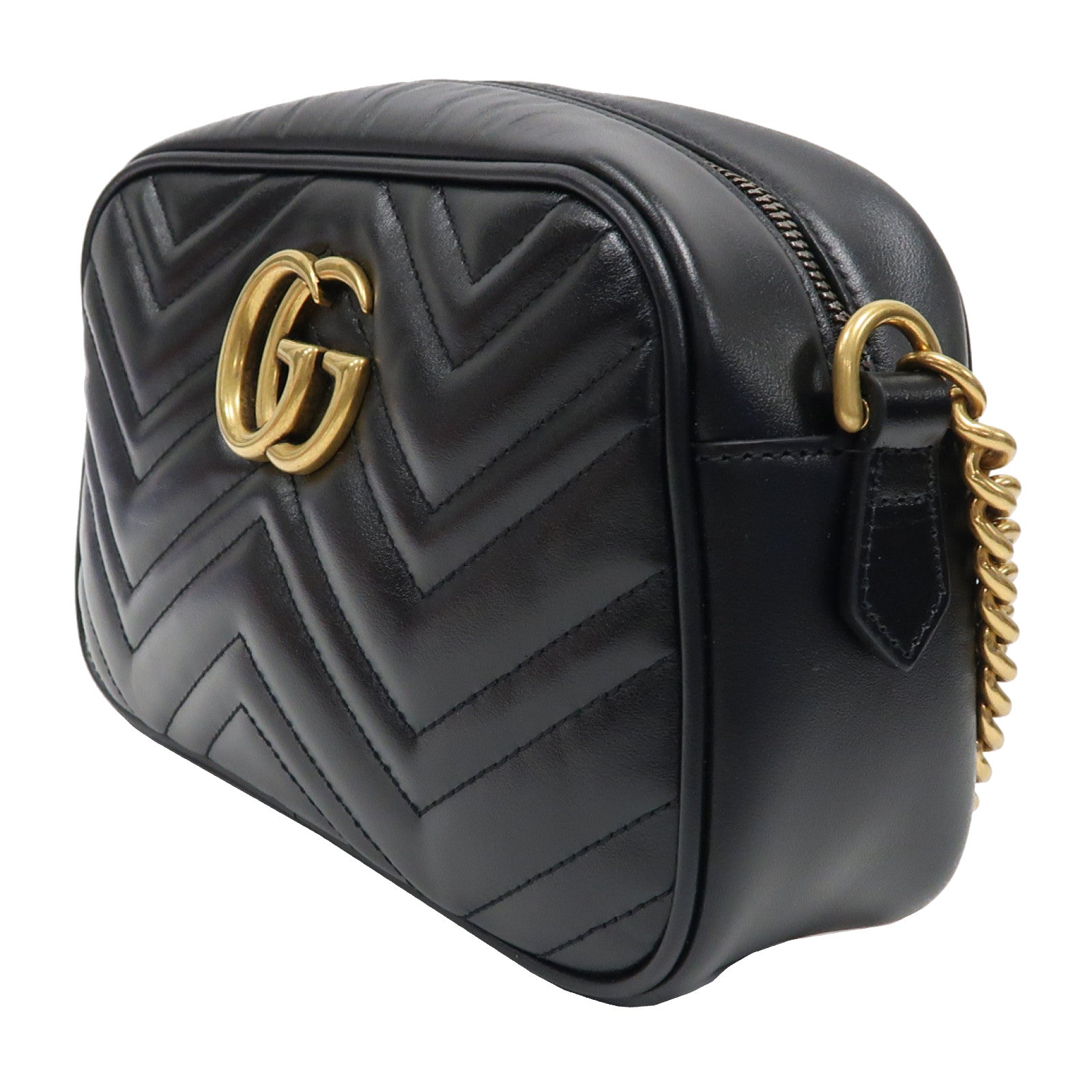 GUCCI 牛皮皮革GG Marmont金扣鏈帶肩背袋黑色