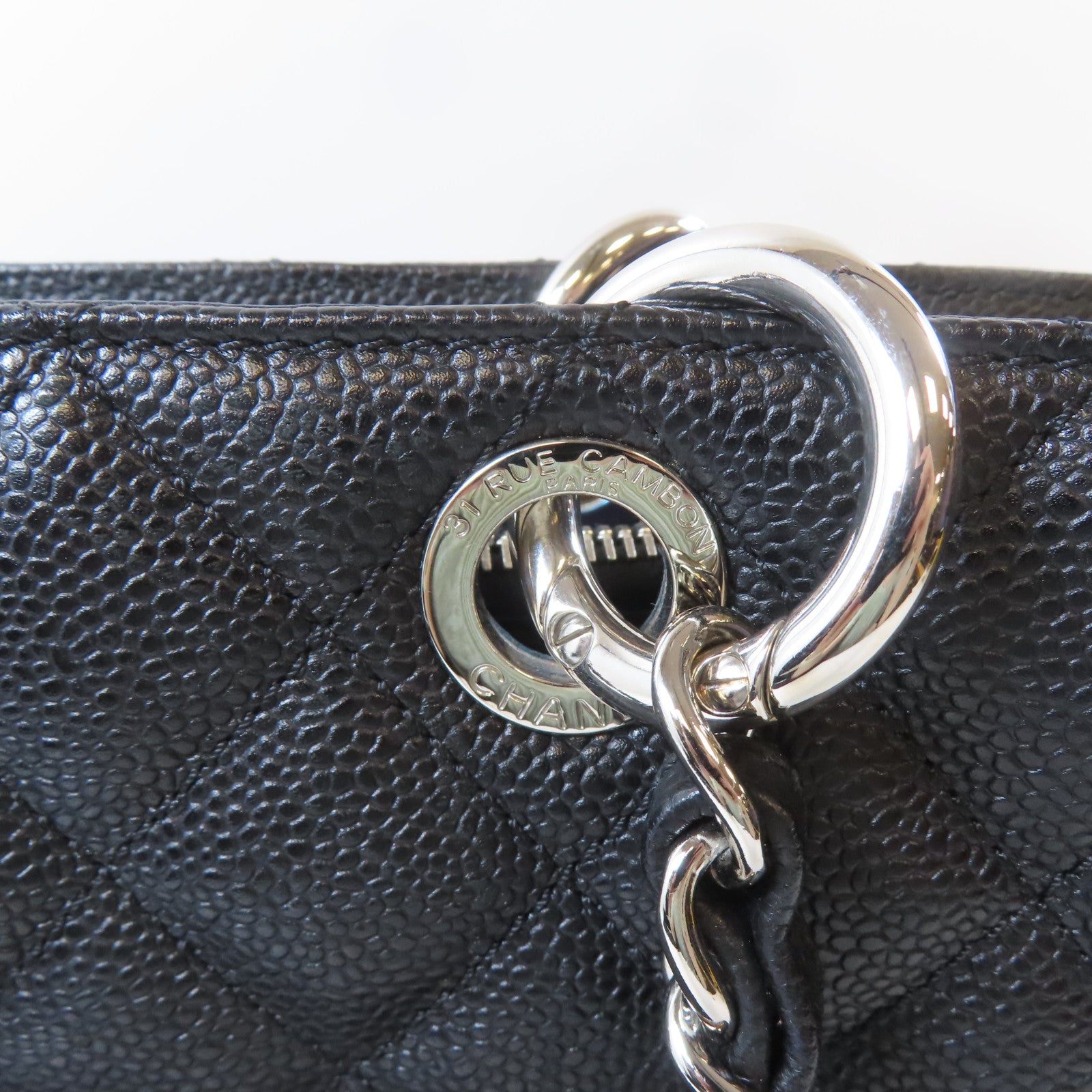 CHANEL 菱格Caviar皮革Grand Shopping Tote Bag銀扣鏈帶肩背袋黑色