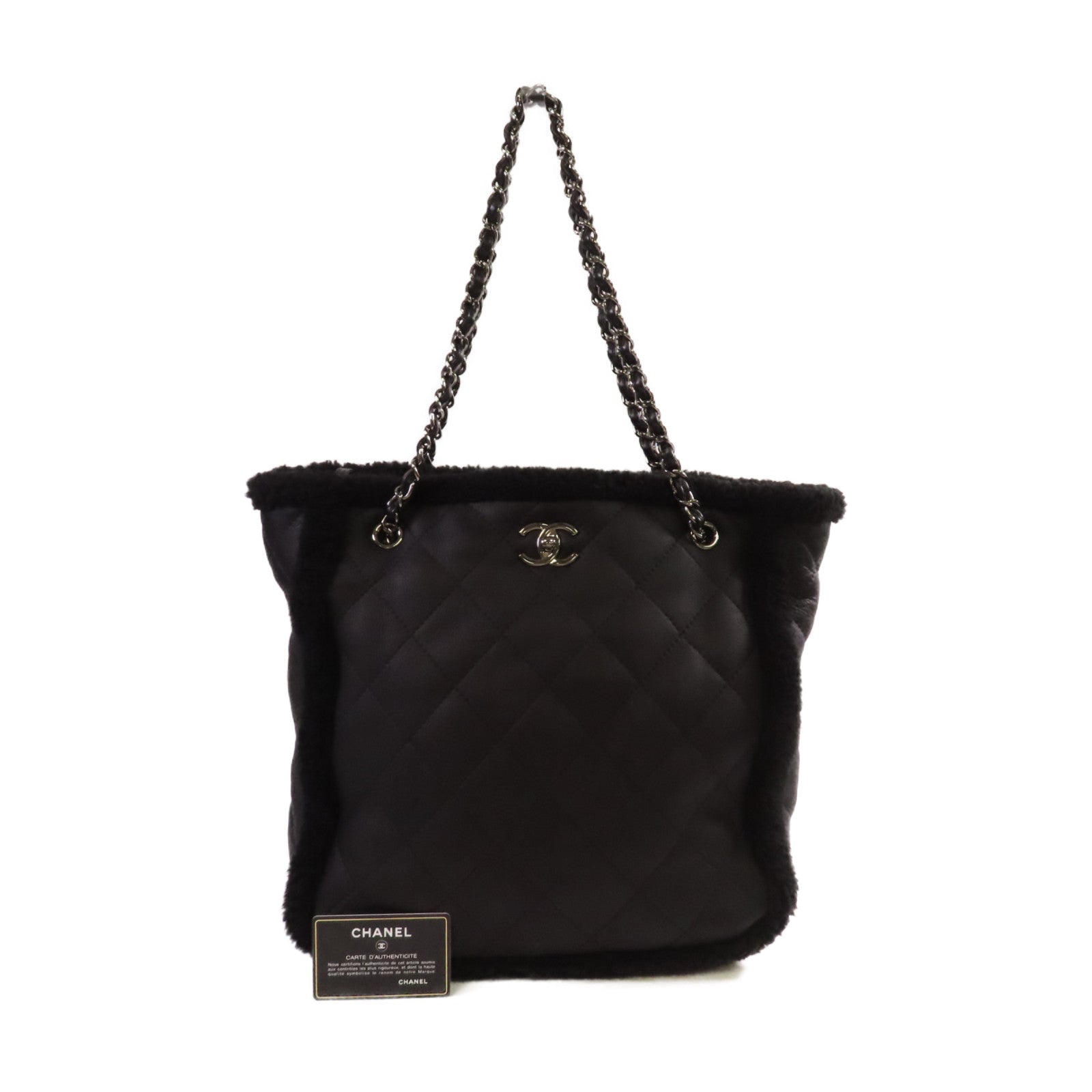 CHANEL 菱格羊皮皮革Tote Bag銀扣鏈帶肩背袋黑色