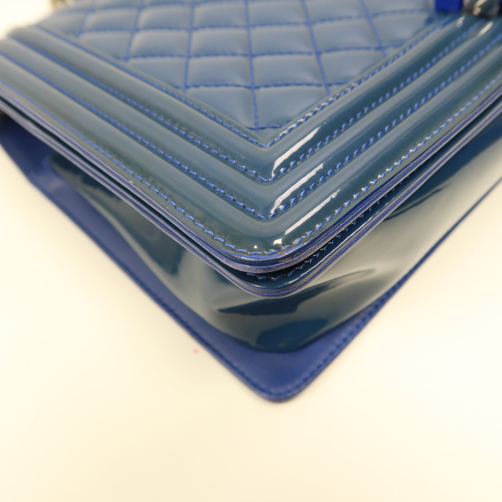 CHANEL CC SHW Boy 28 Chain Shoulder Bag Patent Leather Blue