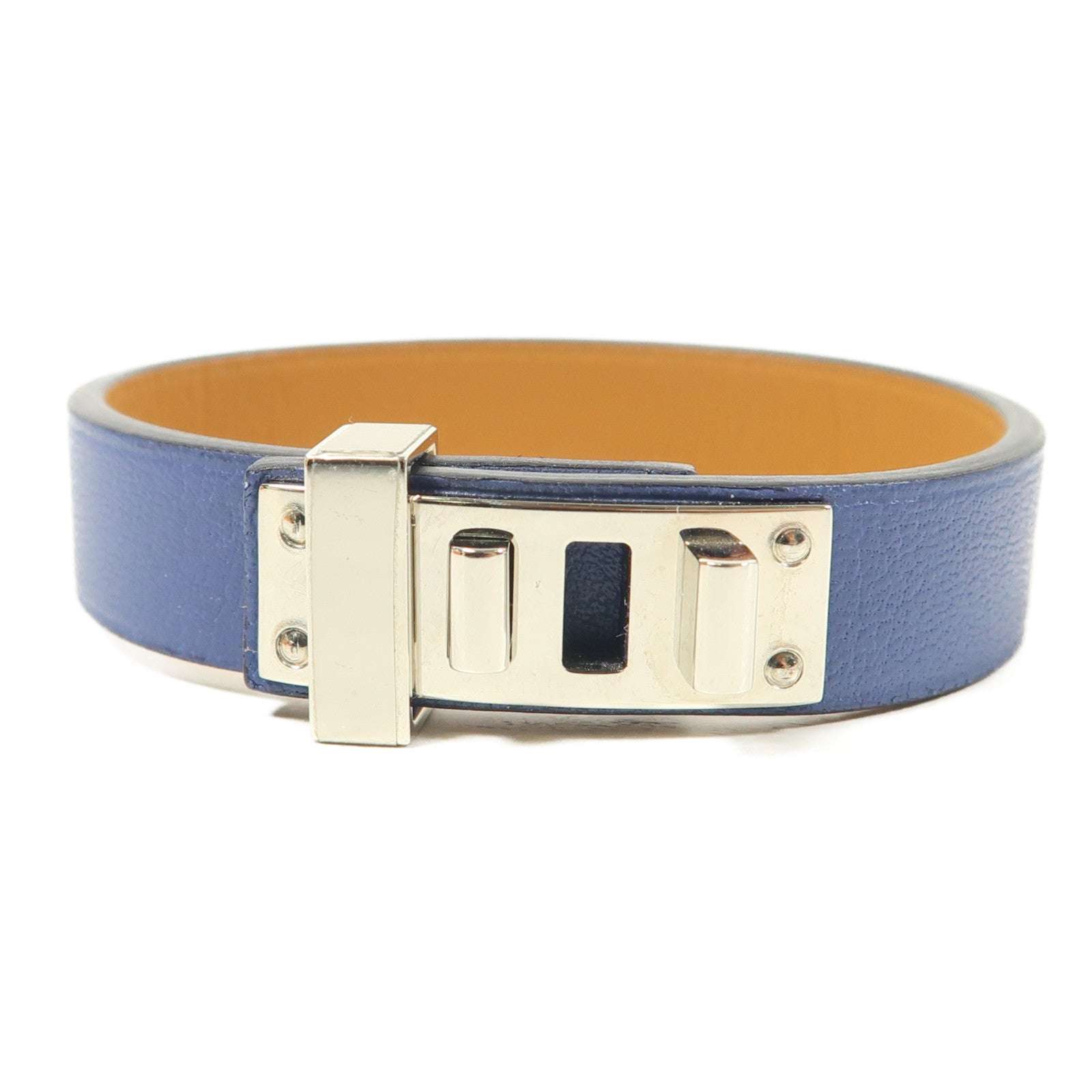 HERMES 【激減優惠】Swift皮革Mini Dog銀扣手鐲Bleu Brighton