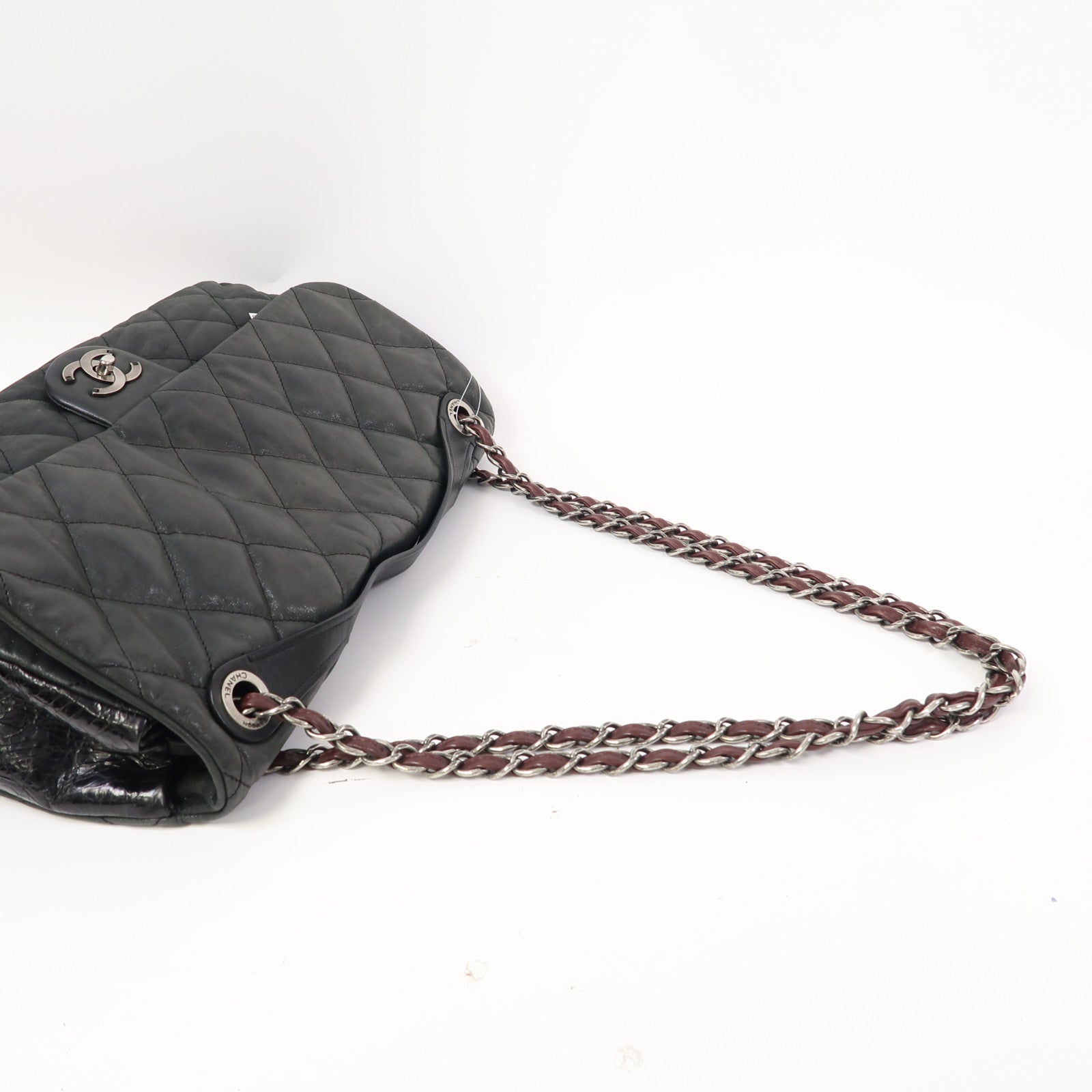 CHANEL 菱格牛皮皮革2 Way Shoulder Bag銀扣手挽肩背兩用袋黑色/灰色