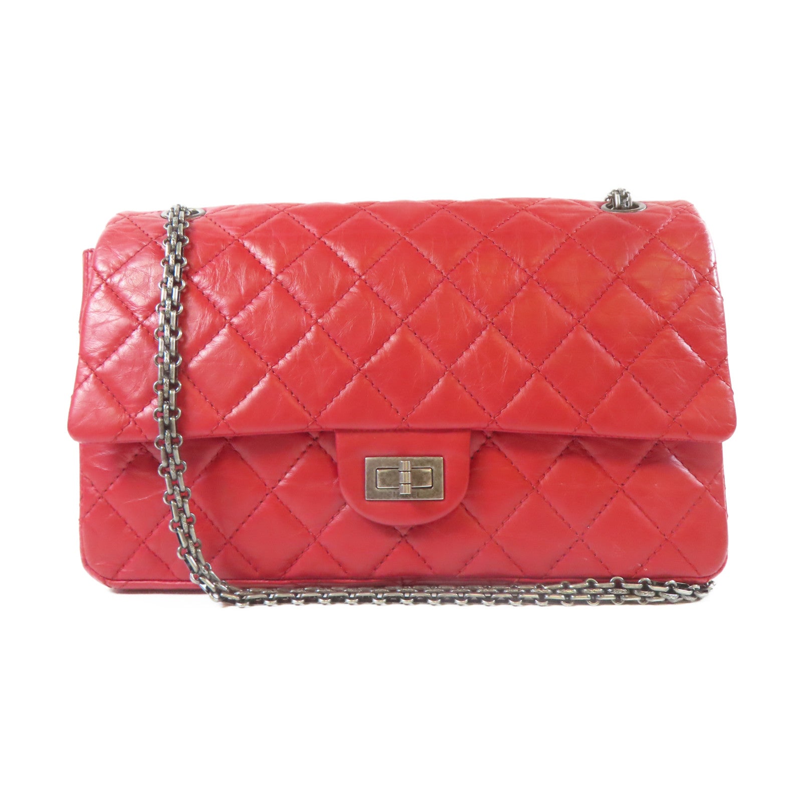 CHANEL **【激減優惠】菱格牛皮皮革2.55銀扣肩背袋紅色