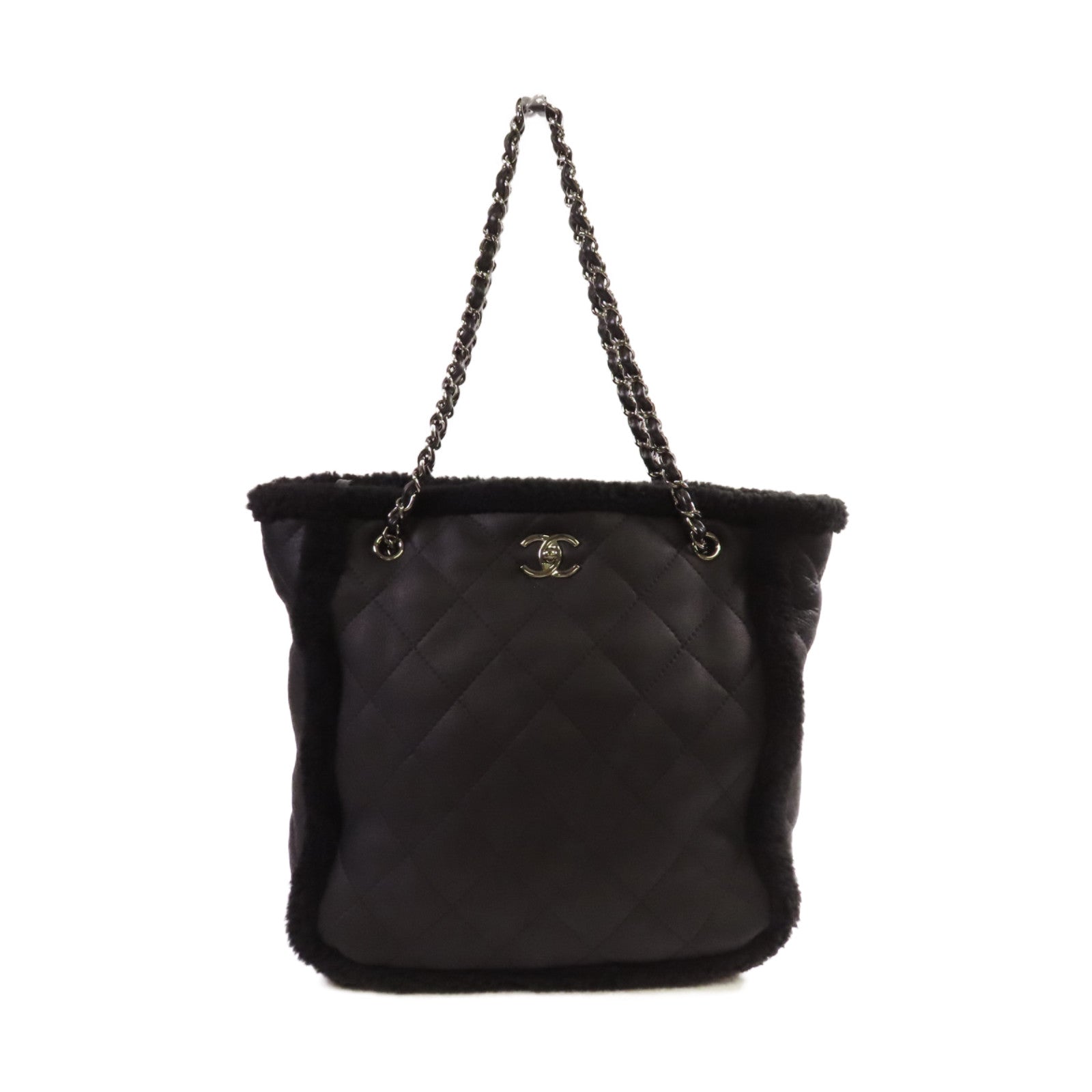 CHANEL 菱格羊皮皮革Tote Bag銀扣鏈帶肩背袋黑色