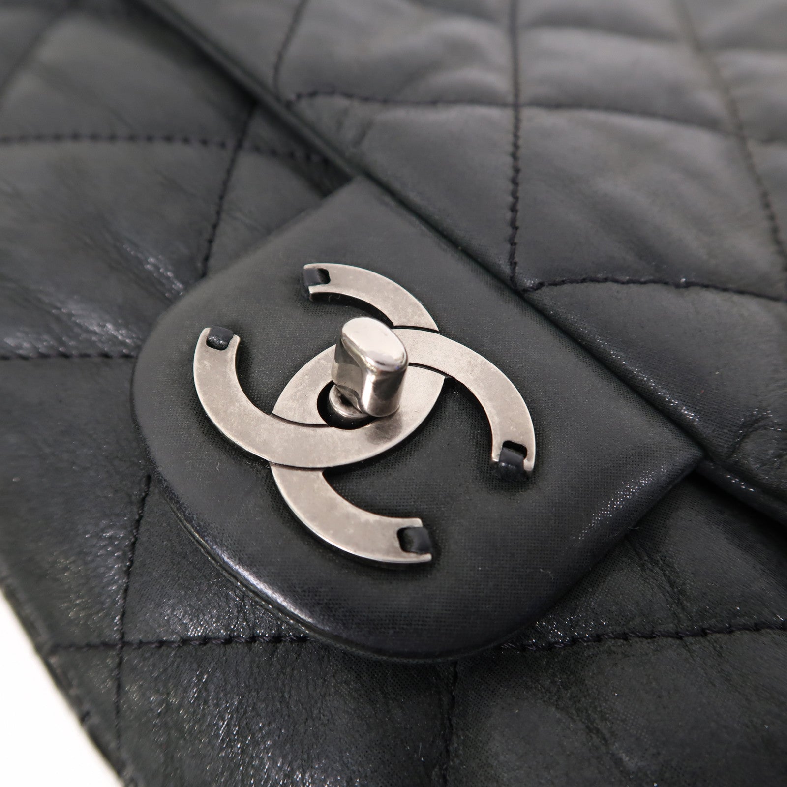 CHANEL 菱格牛皮皮革2 Way Shoulder Bag銀扣手挽肩背兩用袋黑色/灰色