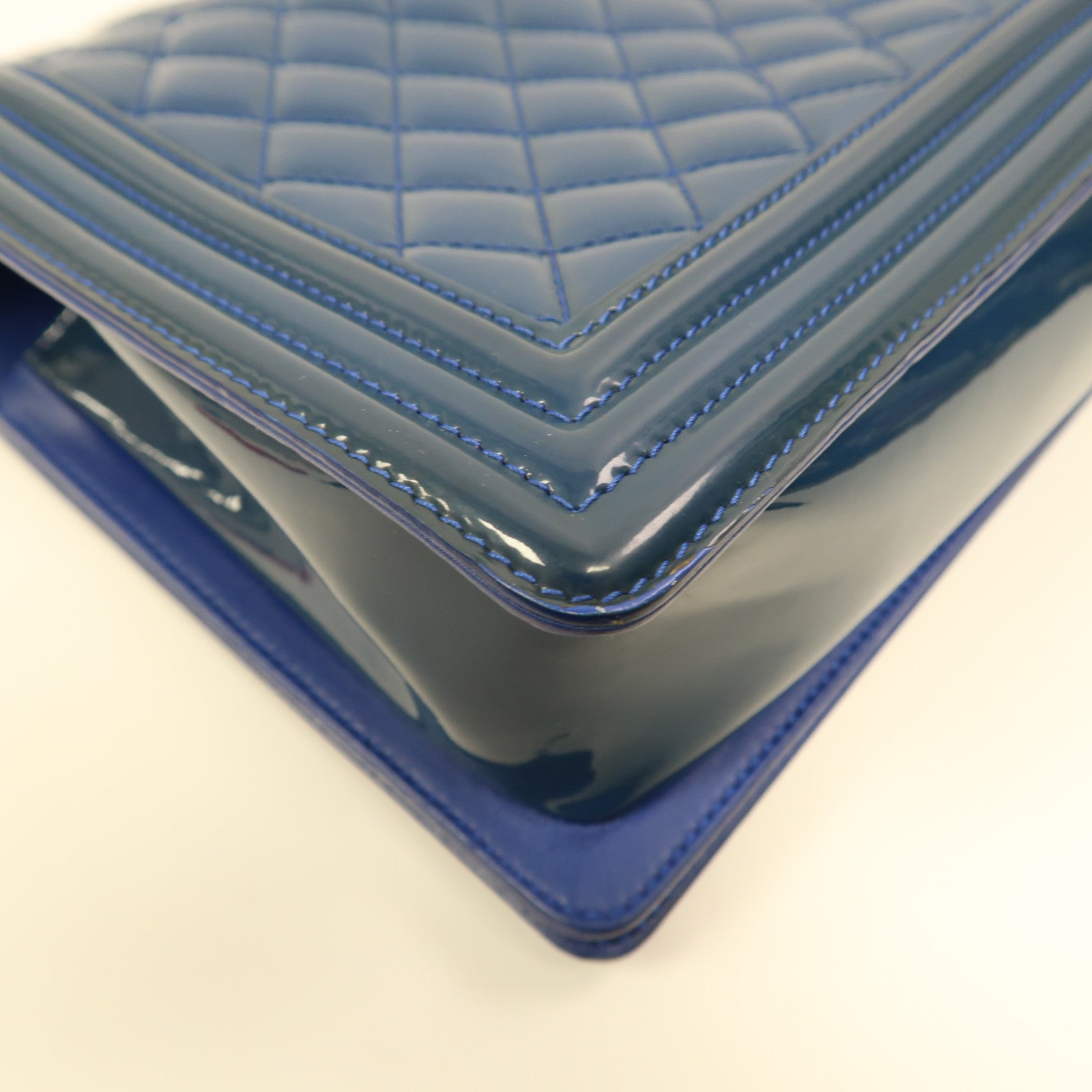 CHANEL CC SHW Boy 28 Chain Shoulder Bag Patent Leather Blue