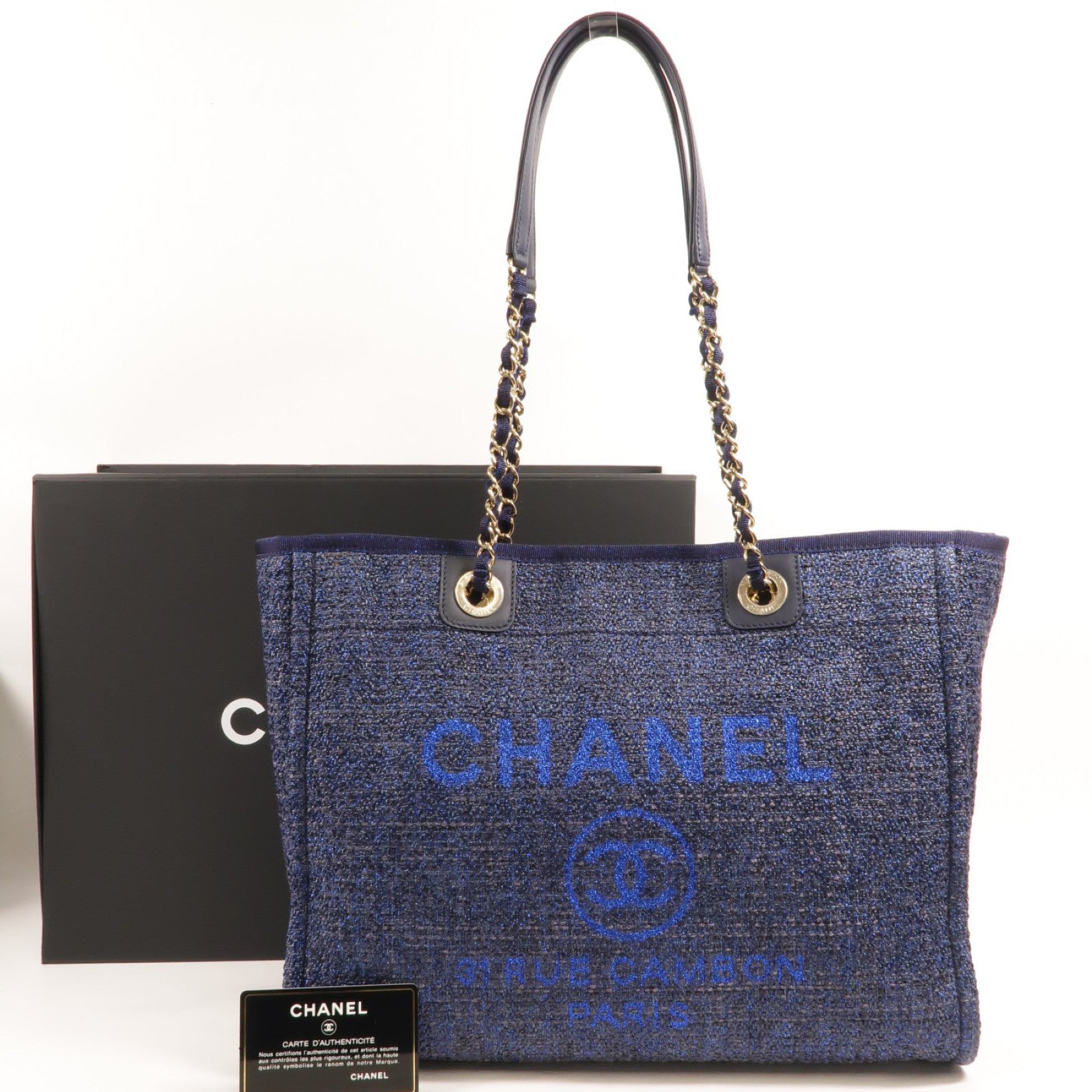 CHANEL 帆布Deauville Tote Bag鏈帶肩背袋