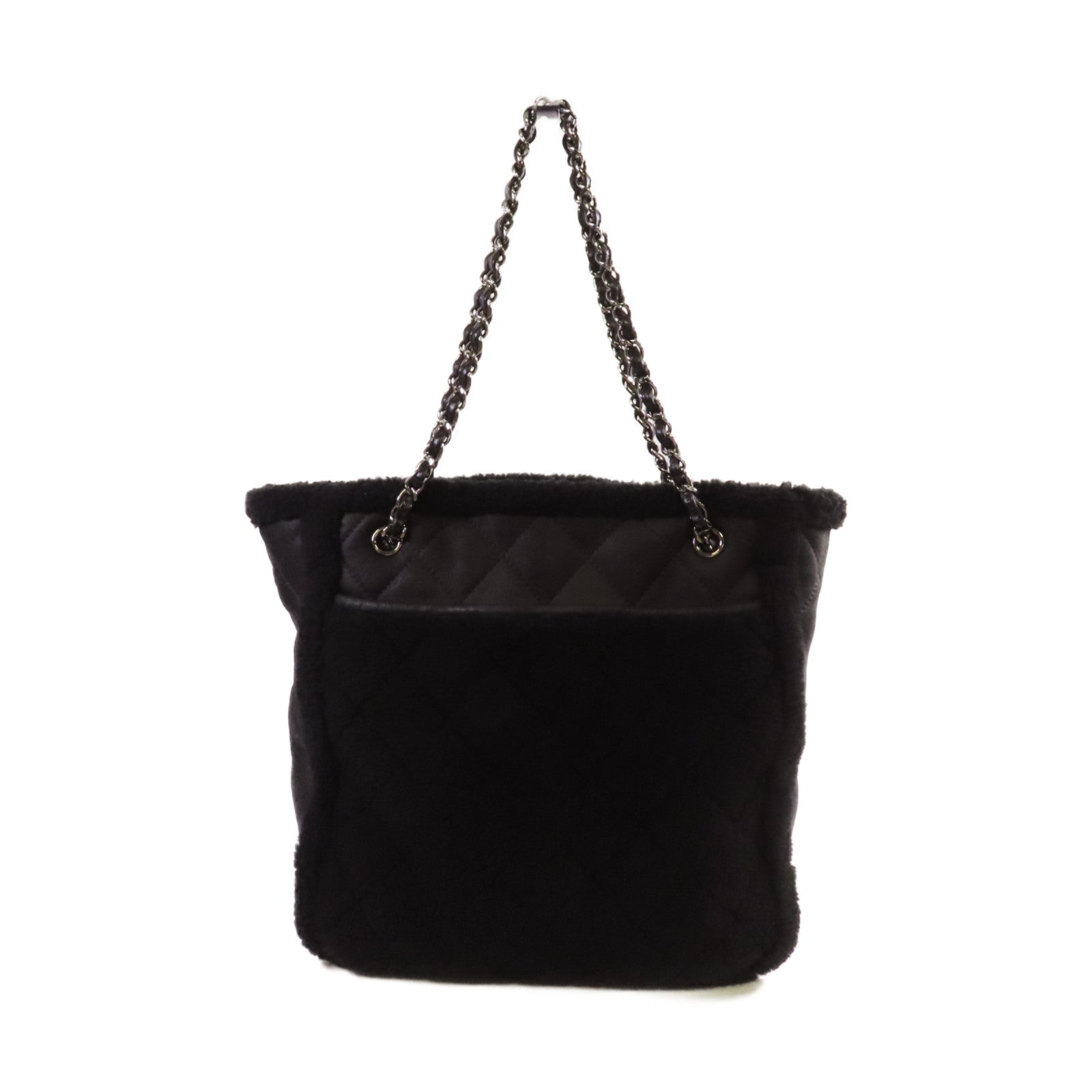 CHANEL 菱格羊皮皮革Tote Bag銀扣鏈帶肩背袋黑色