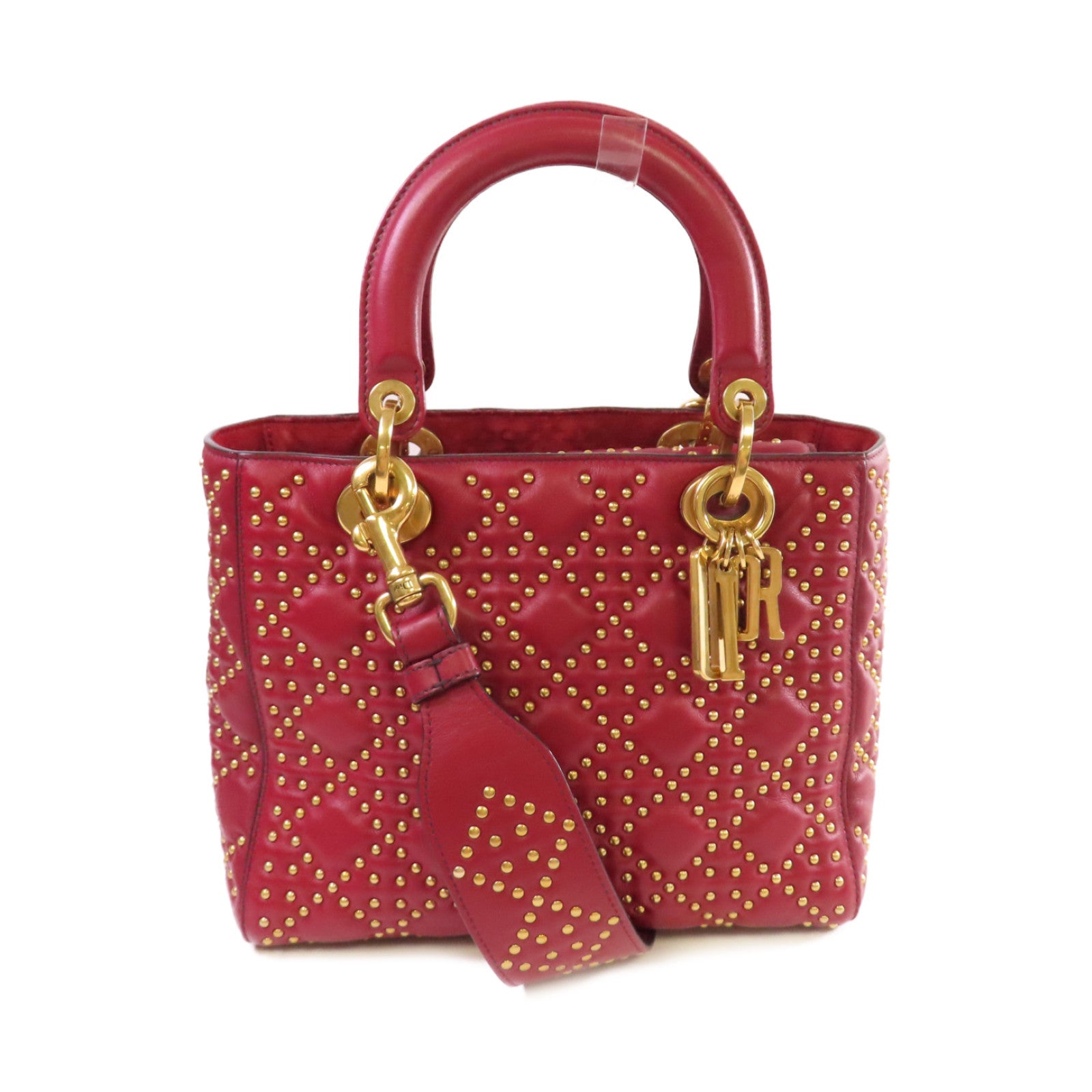 Dior 【激減優惠】牛皮皮革Lady Dior Studded 2 Way Shoulder Bag金扣手挽肩背兩用袋紅色