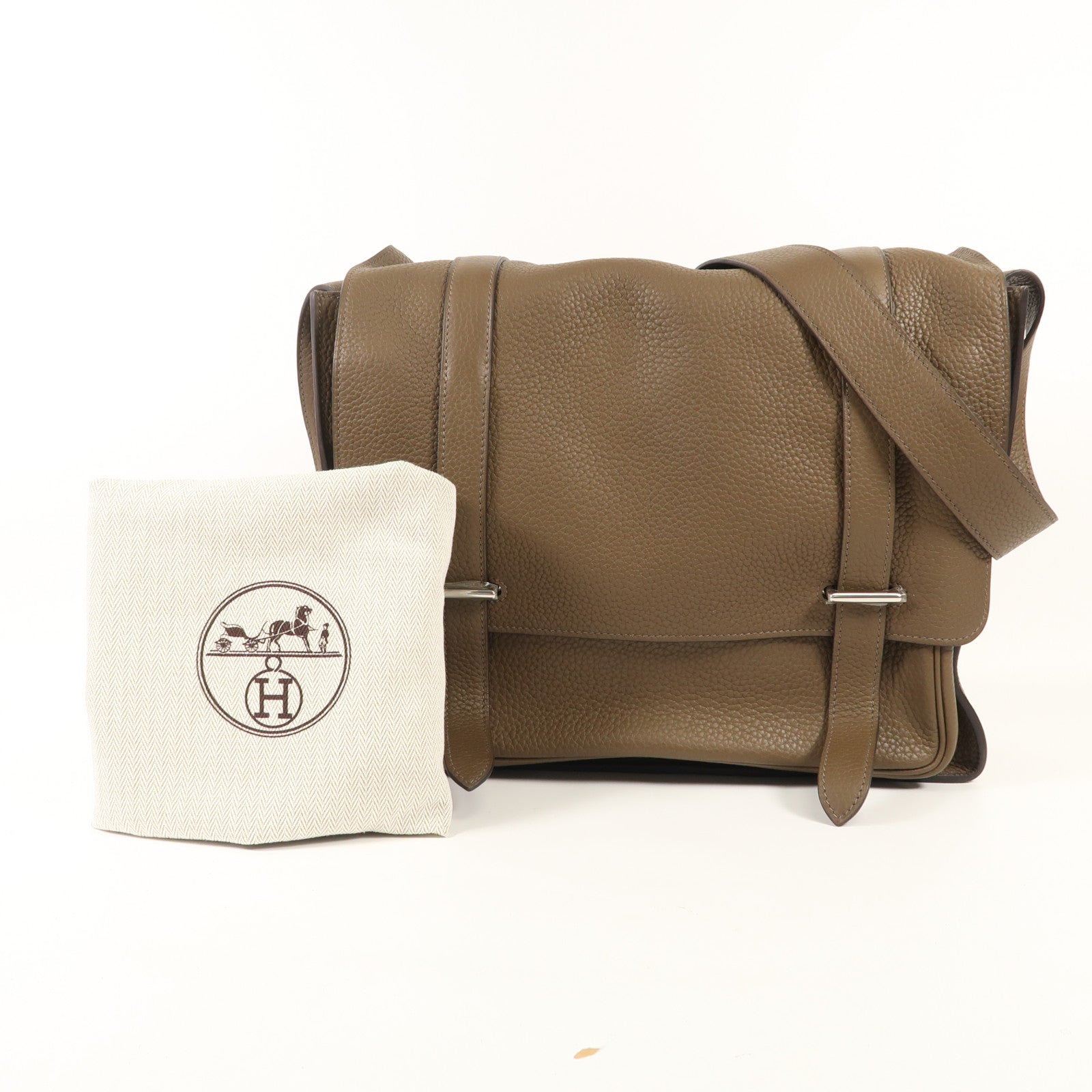 HERMES 【激減優惠】Clemence皮革Steve 35銀扣肩背袋Taupe