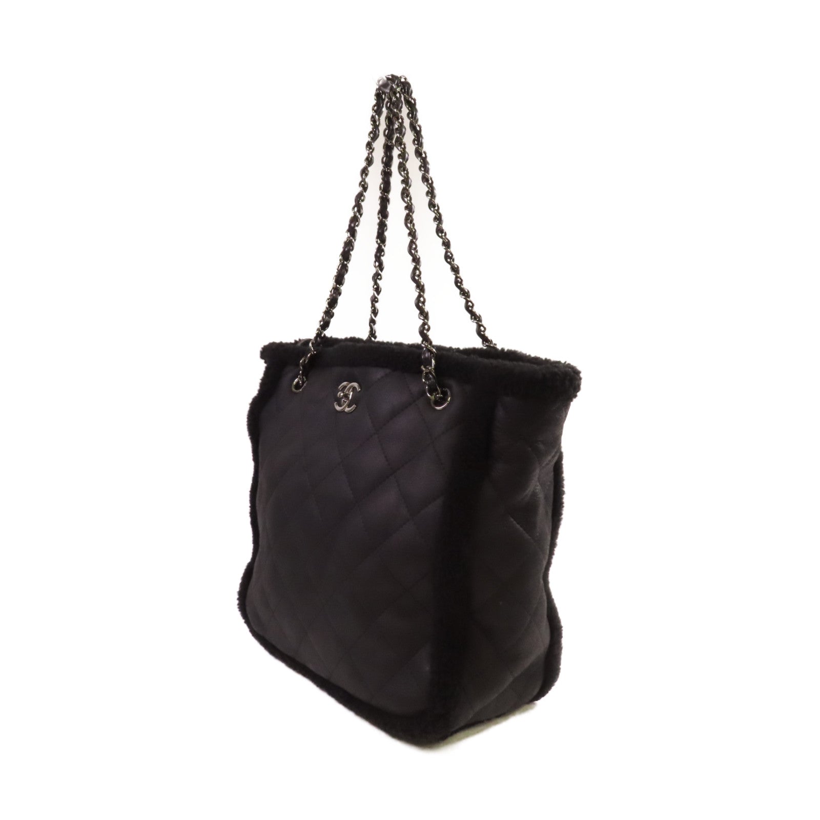 CHANEL 菱格羊皮皮革Tote Bag銀扣鏈帶肩背袋黑色