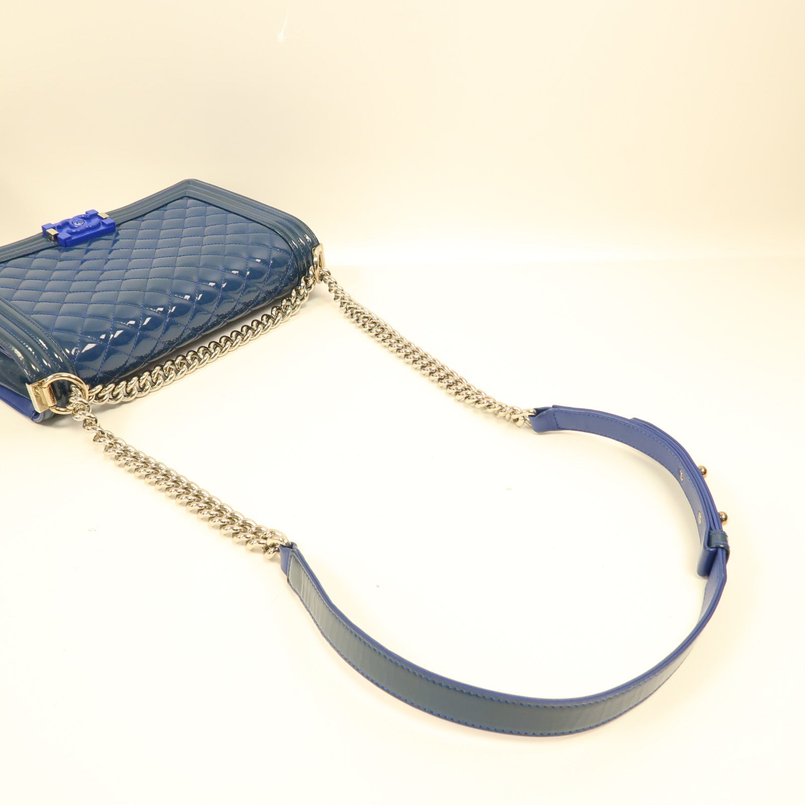CHANEL CC SHW Boy 28 Chain Shoulder Bag Patent Leather Blue