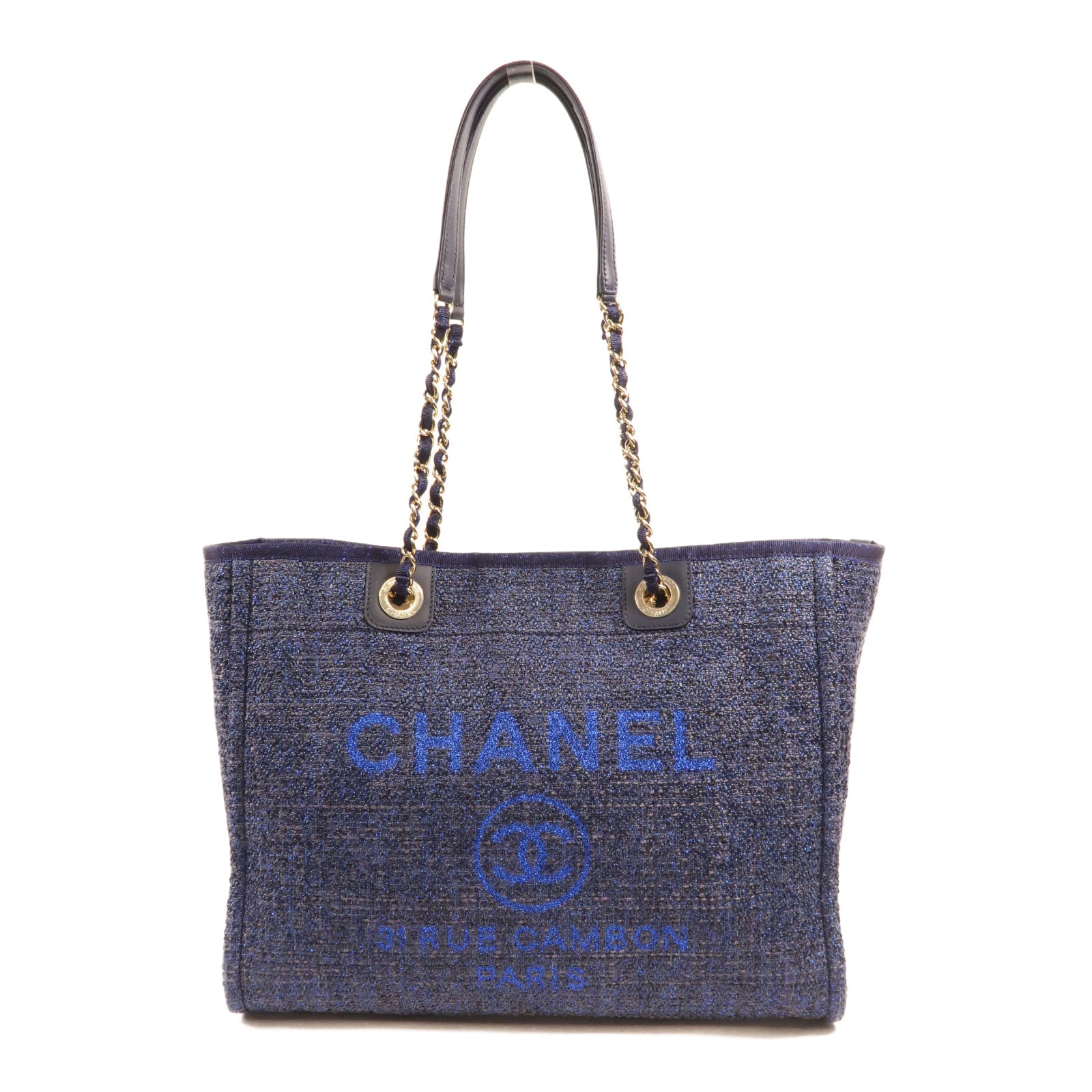 CHANEL 帆布Deauville Tote Bag鏈帶肩背袋